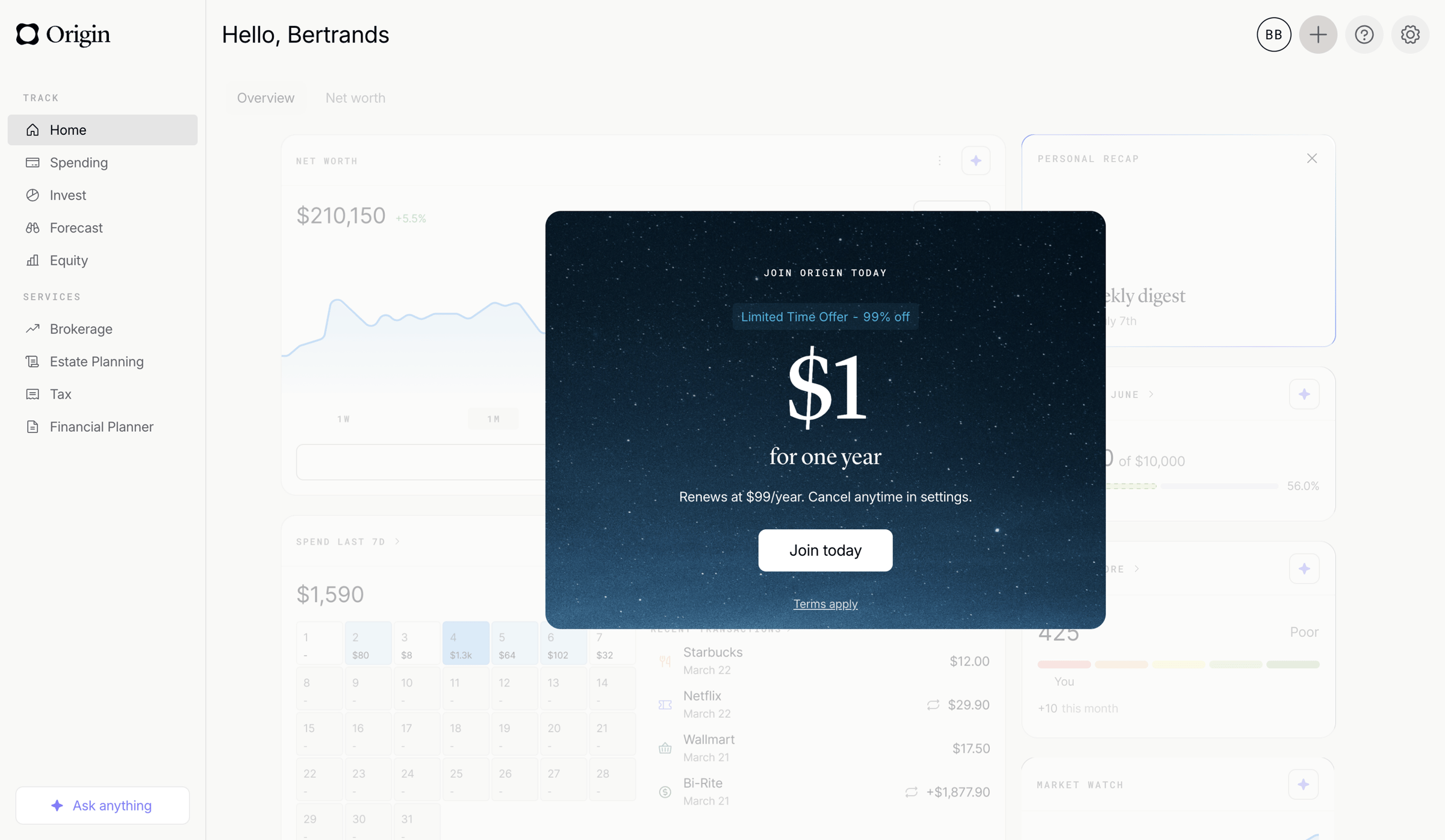 Origin Financial screen