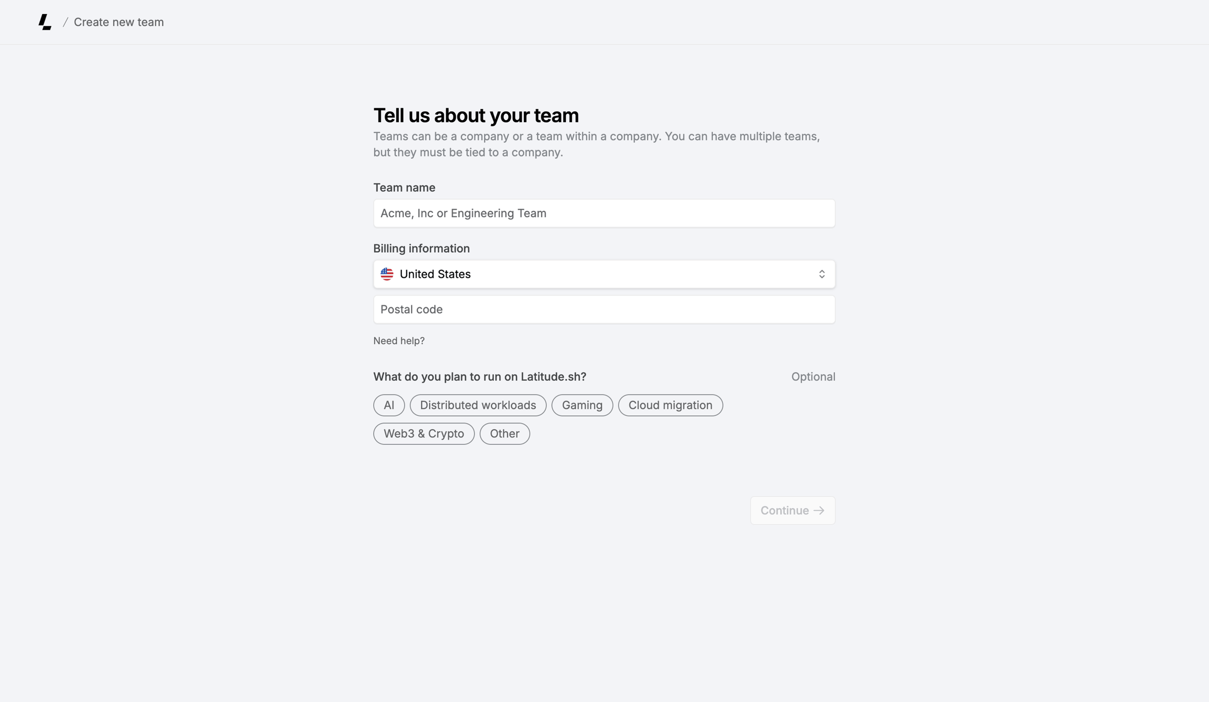 Latitude.sh - Create Team – Dashboard - Latitude.sh screen