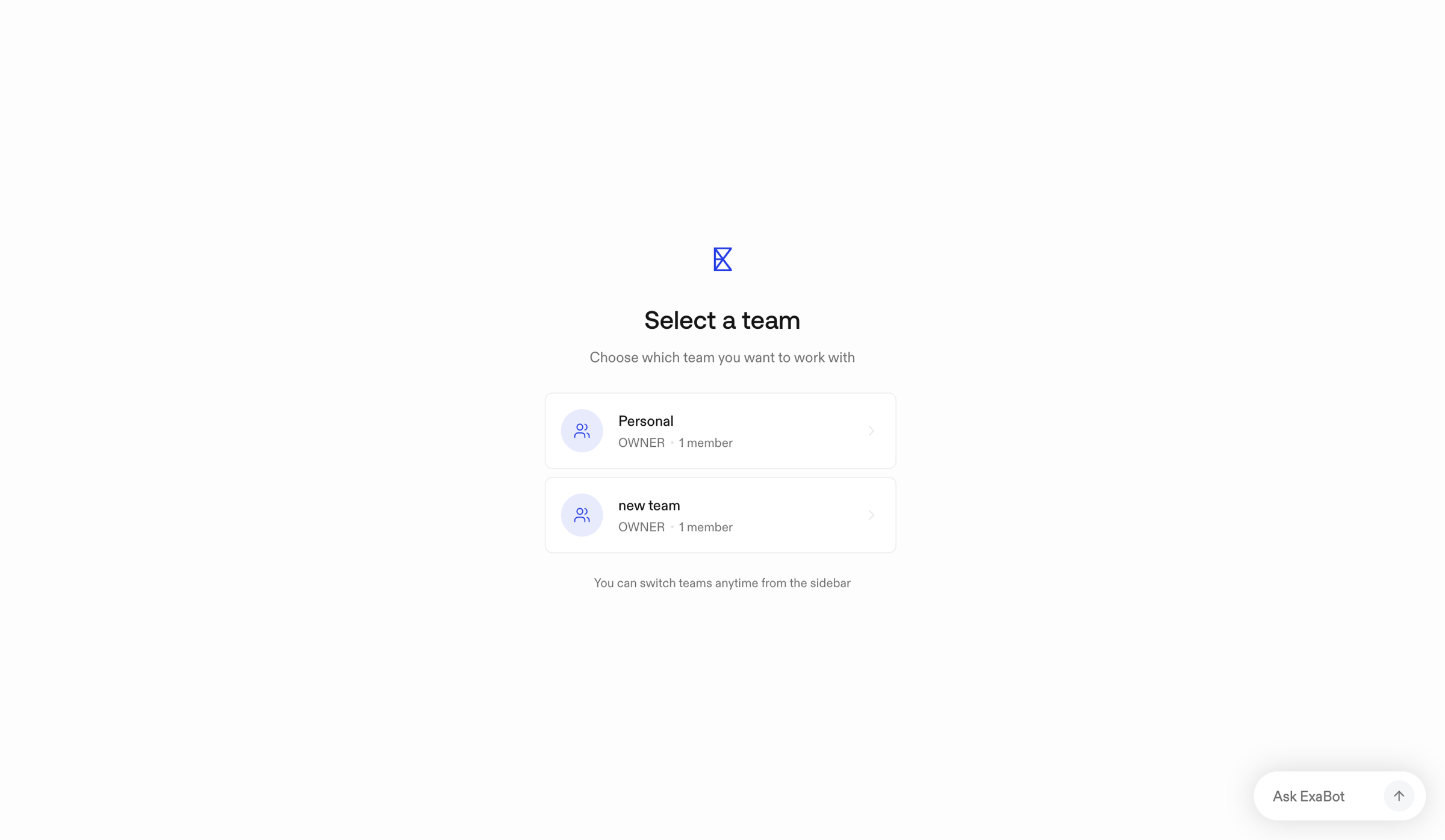 Exa - Select a Team - Exa Dashboard screen