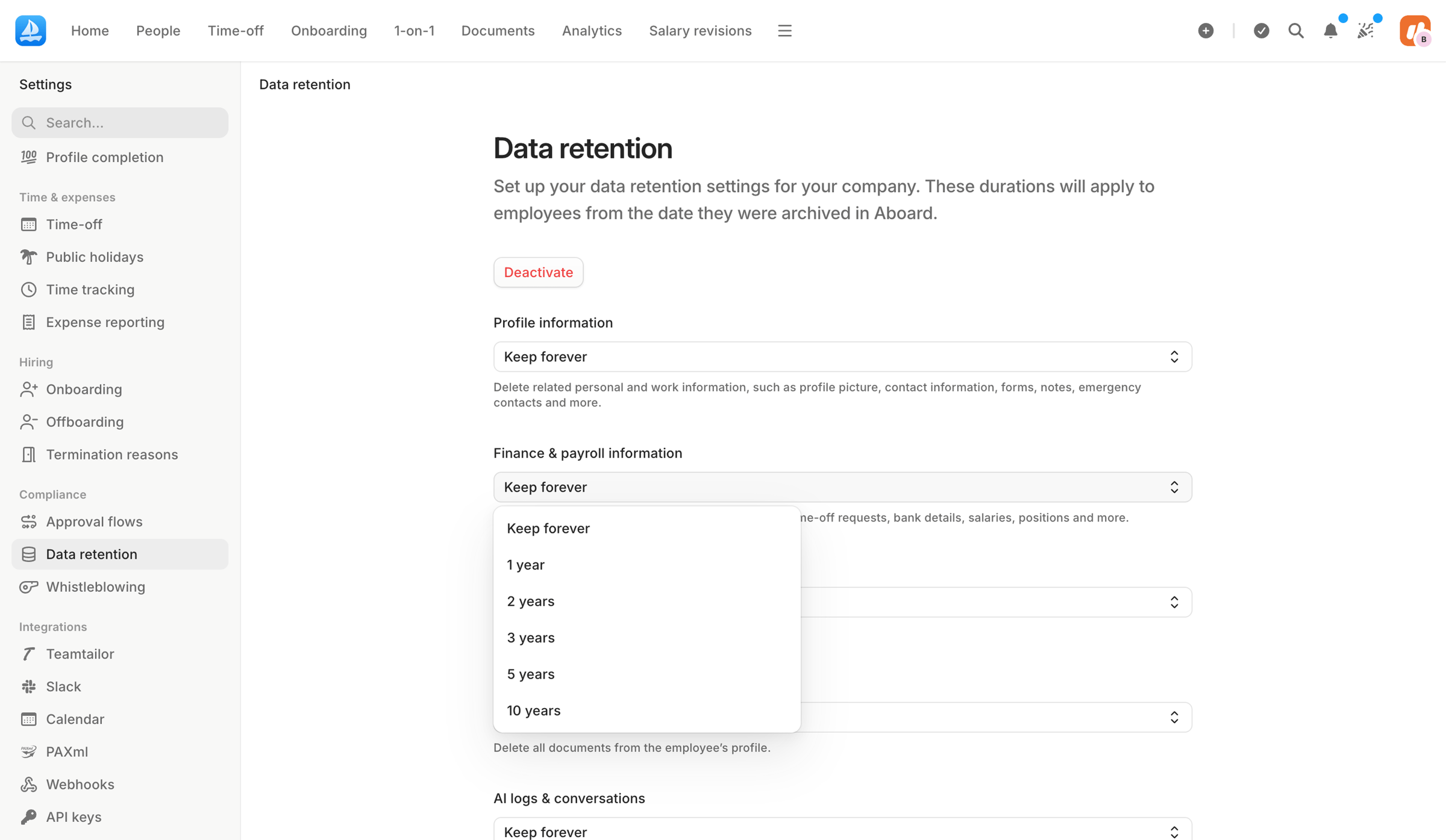 Aboard - Data retention | Settings | Aboard screen