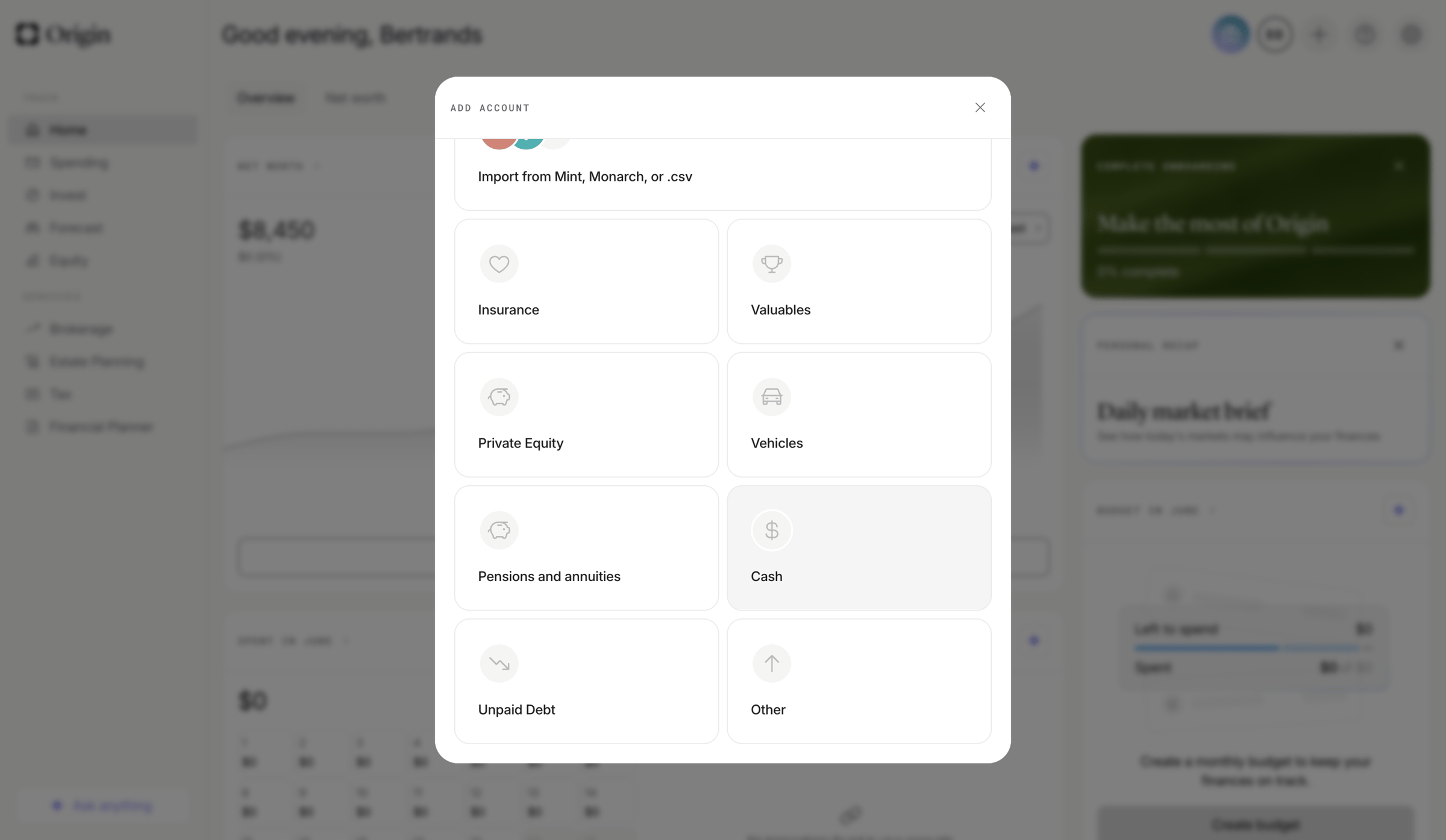 Origin Financial screen