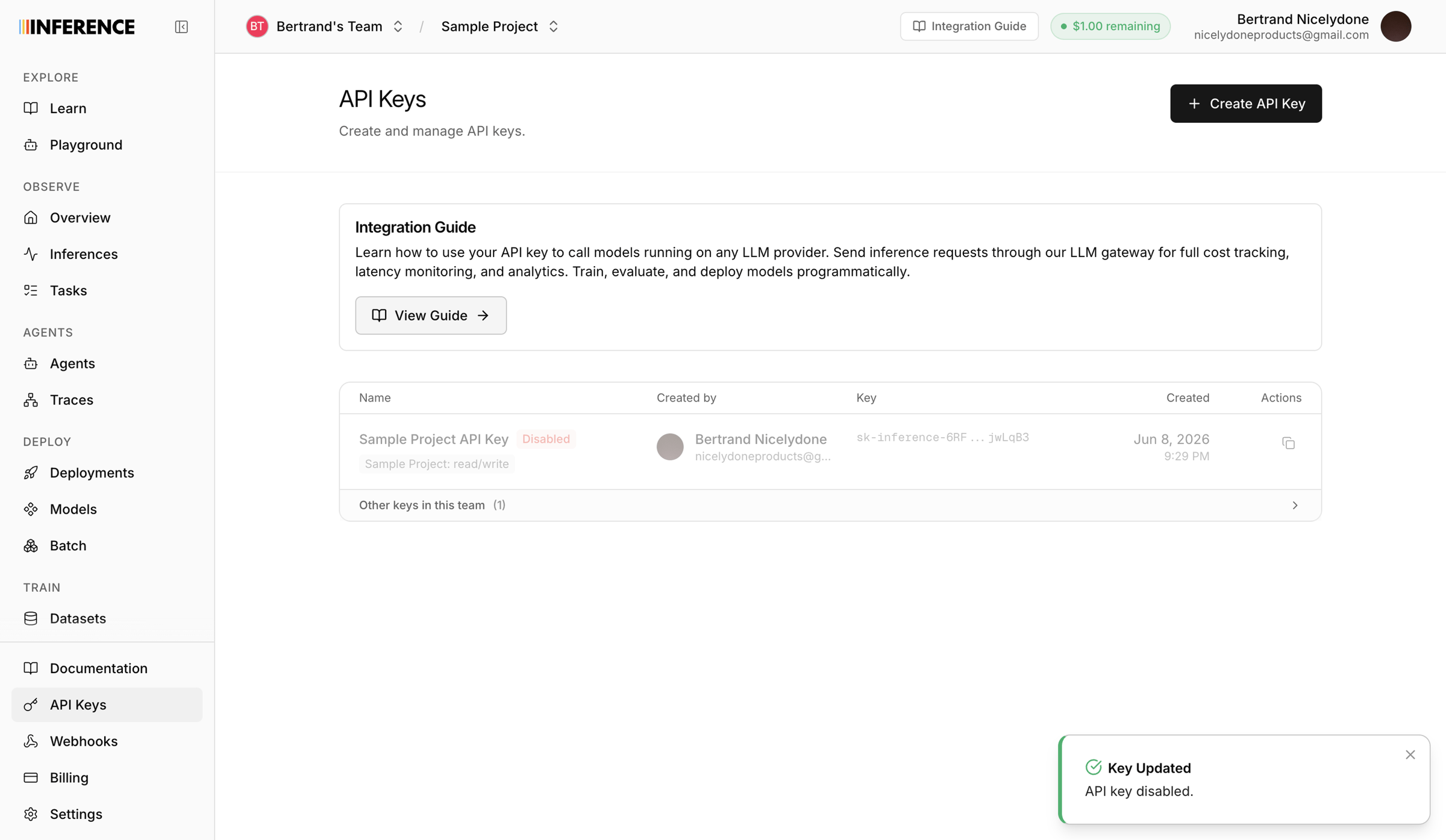 Inference - Dashboard | inference.net screen