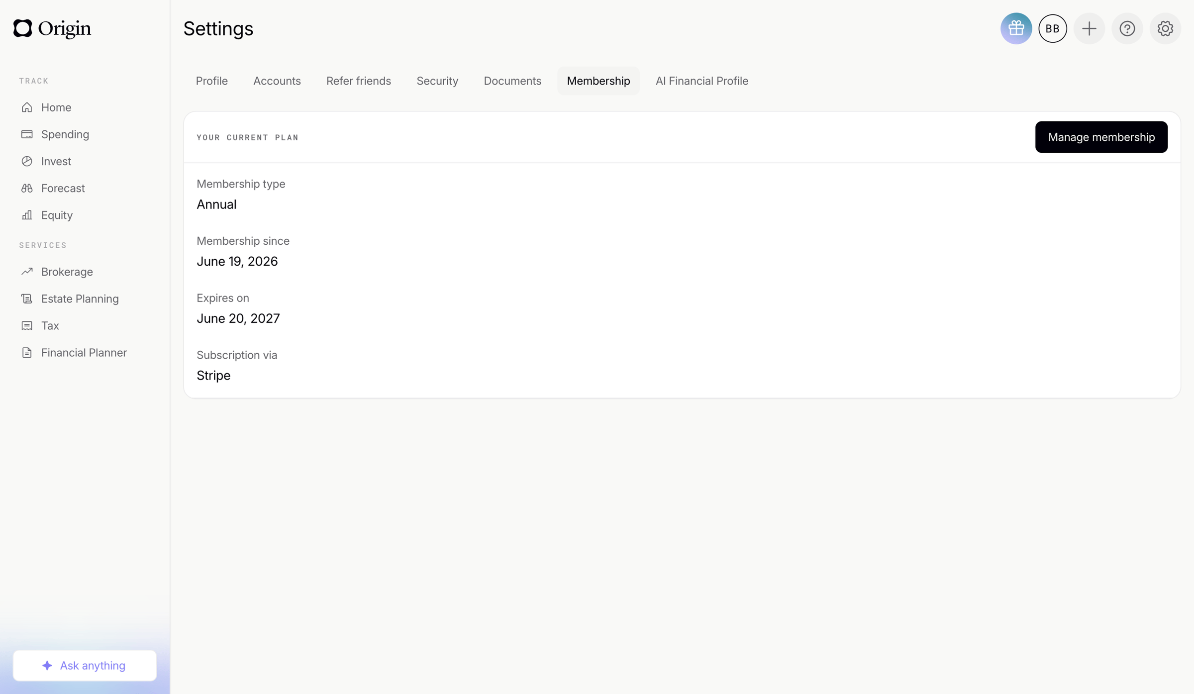 Origin Financial screen