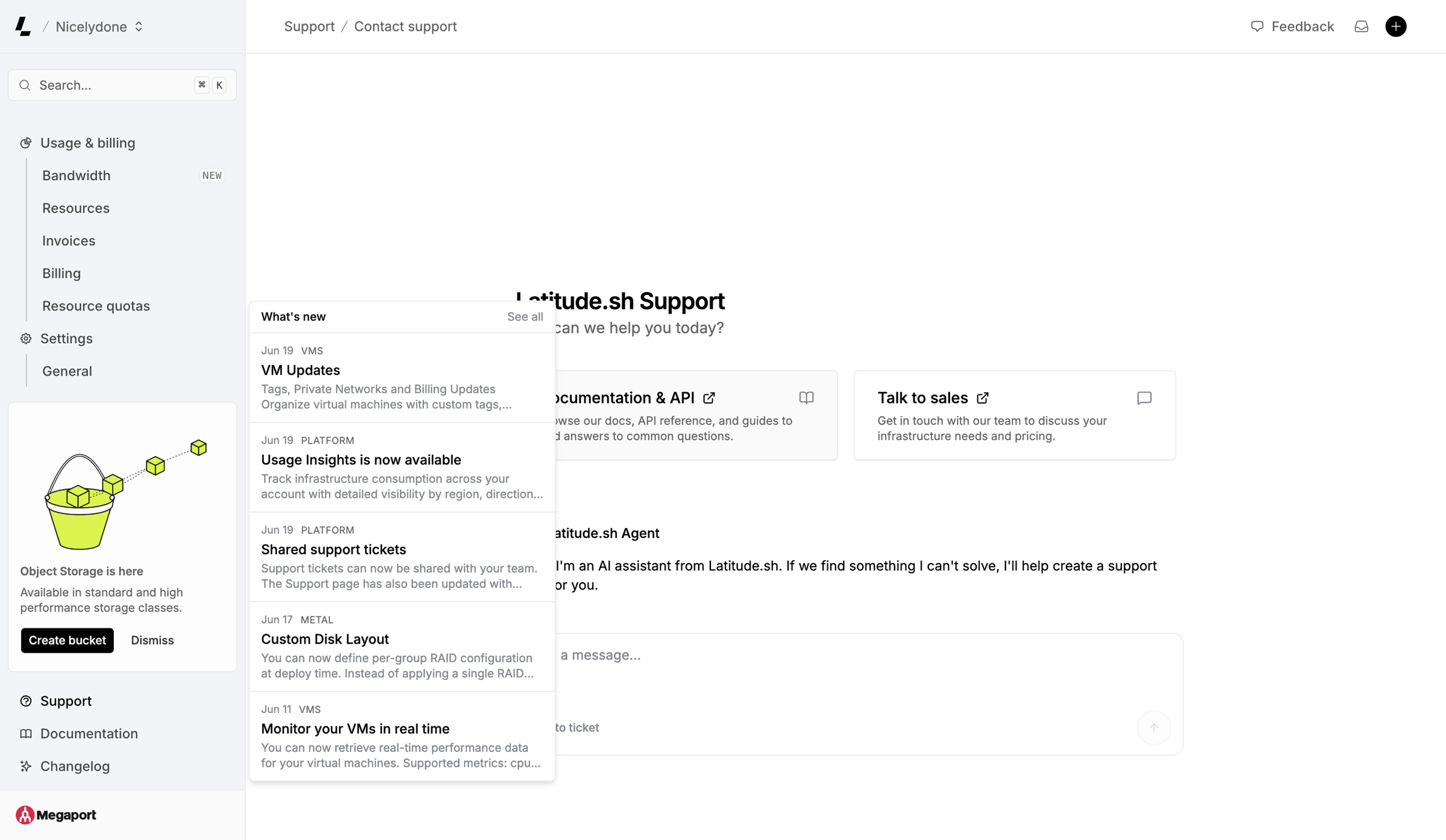 Latitude.sh - Contact support – Dashboard - Latitude.sh screen