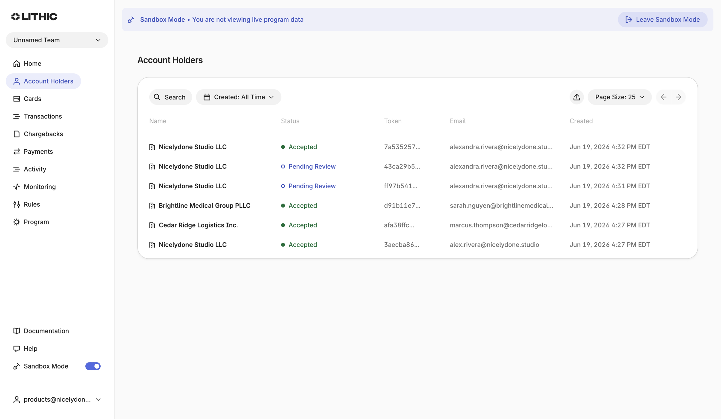 Lithic - Lithic - Account Holders screen