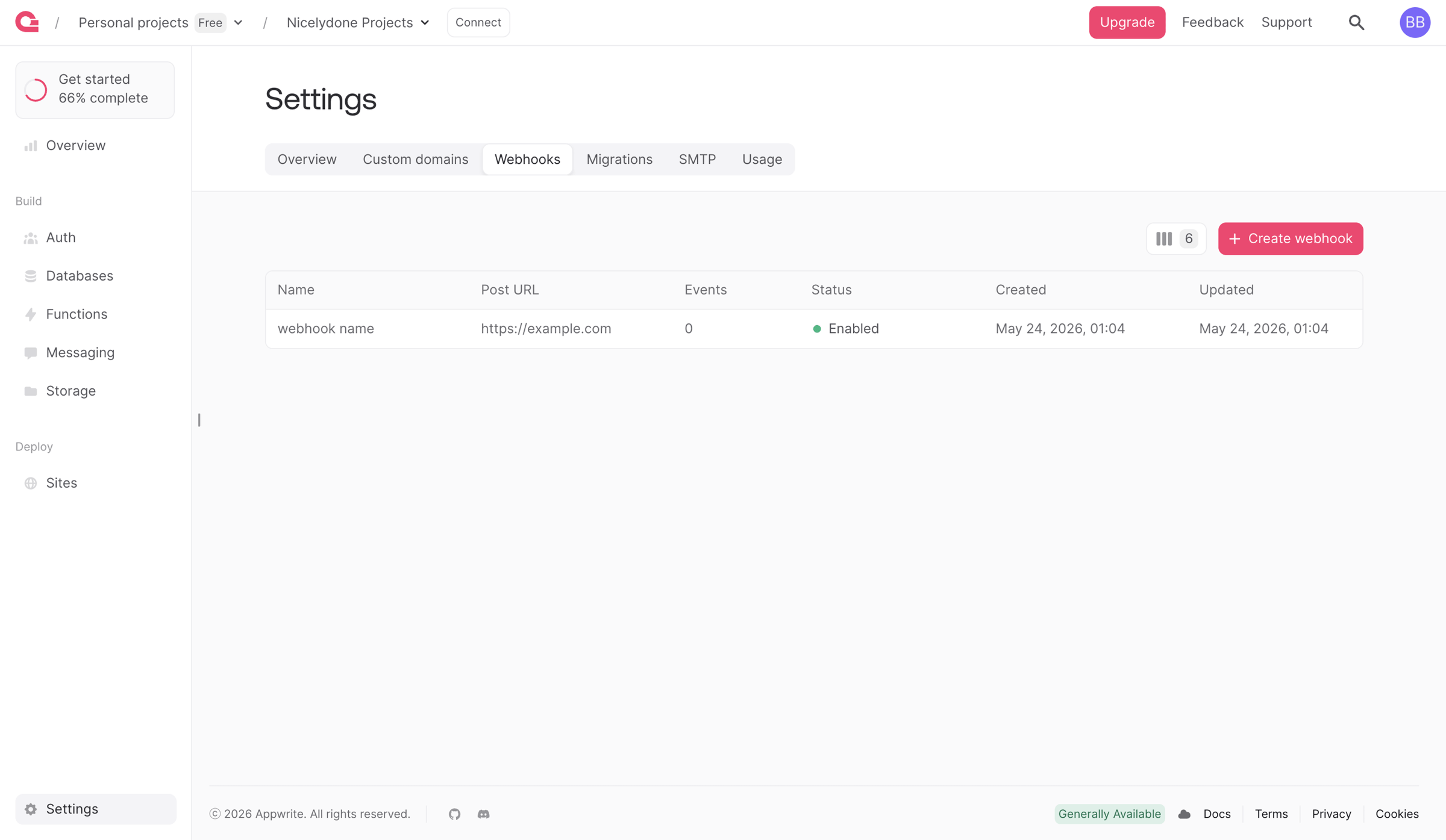 Appwrite - Webhook - Appwrite screen
