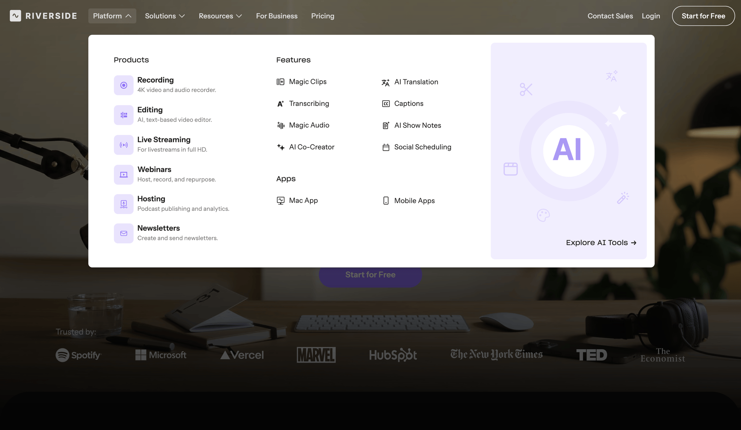 Riverside - Riverside: HD Podcast & Video Software | Free Recording & Editing - hover: Platform screen