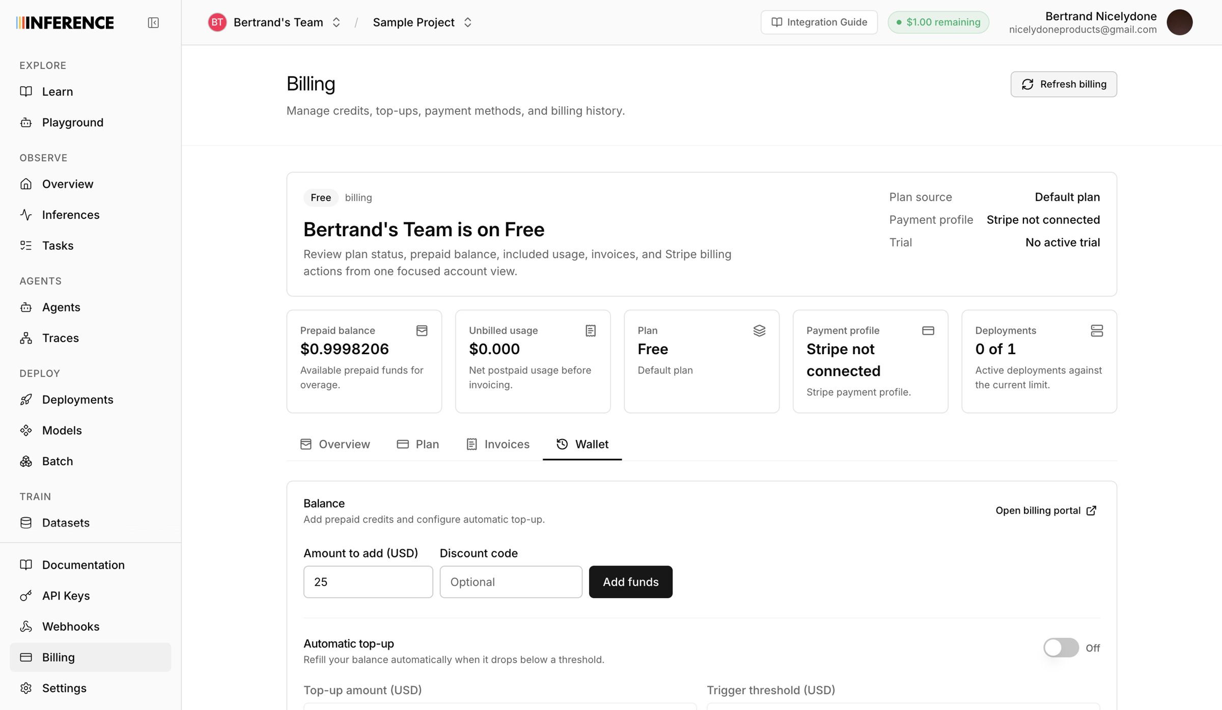 Inference - Dashboard | inference.net screen