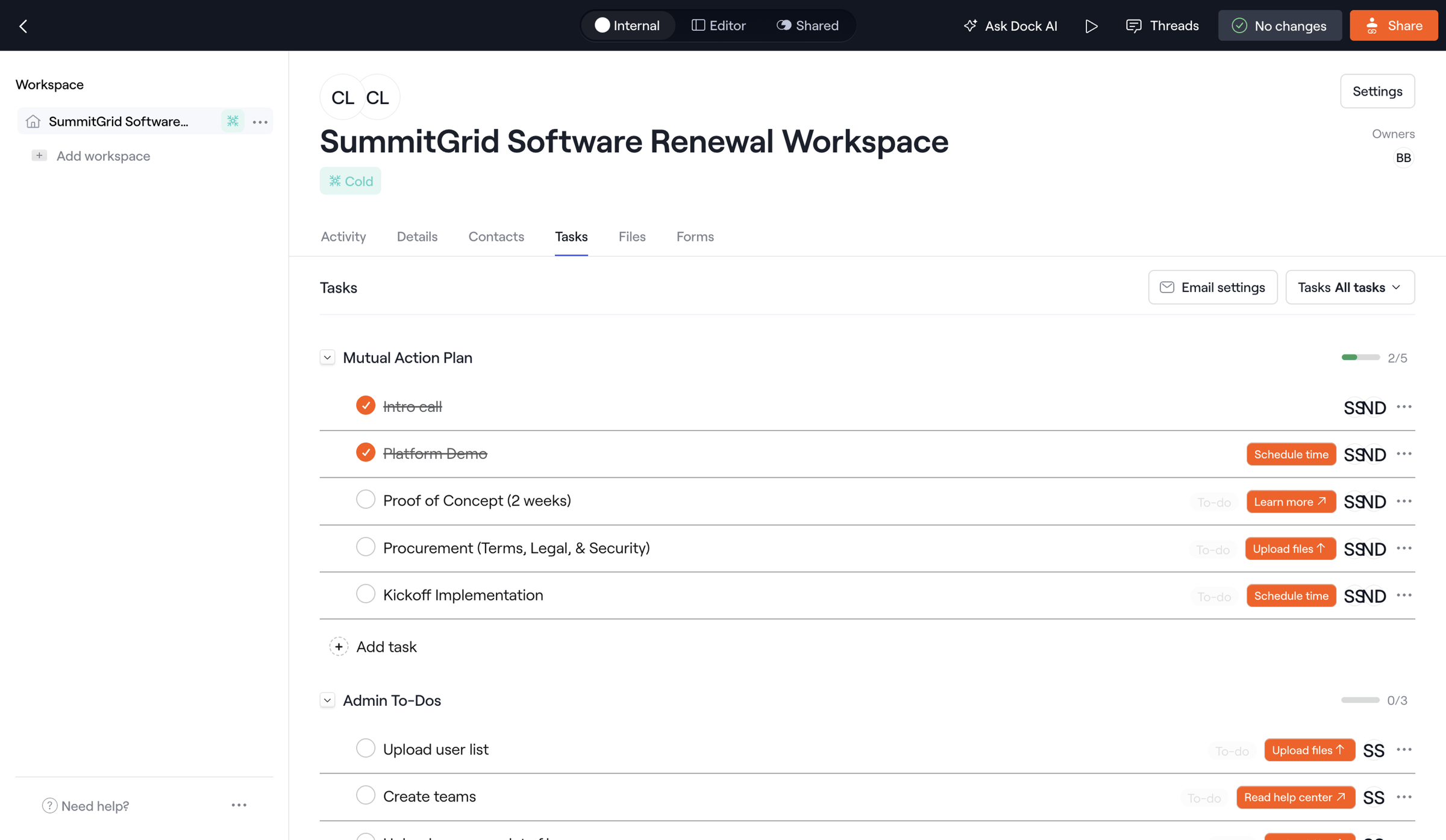 Dock - Internal · SummitGrid Software Renewal Workspace screen