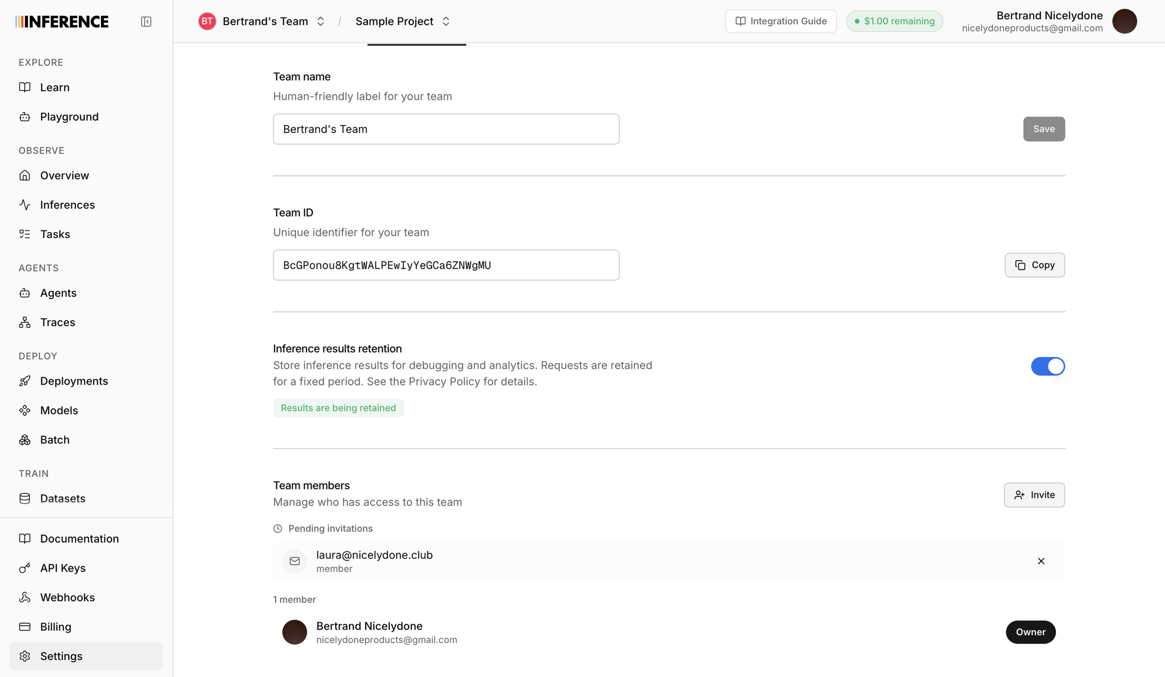 Inference - Settings | inference.net screen