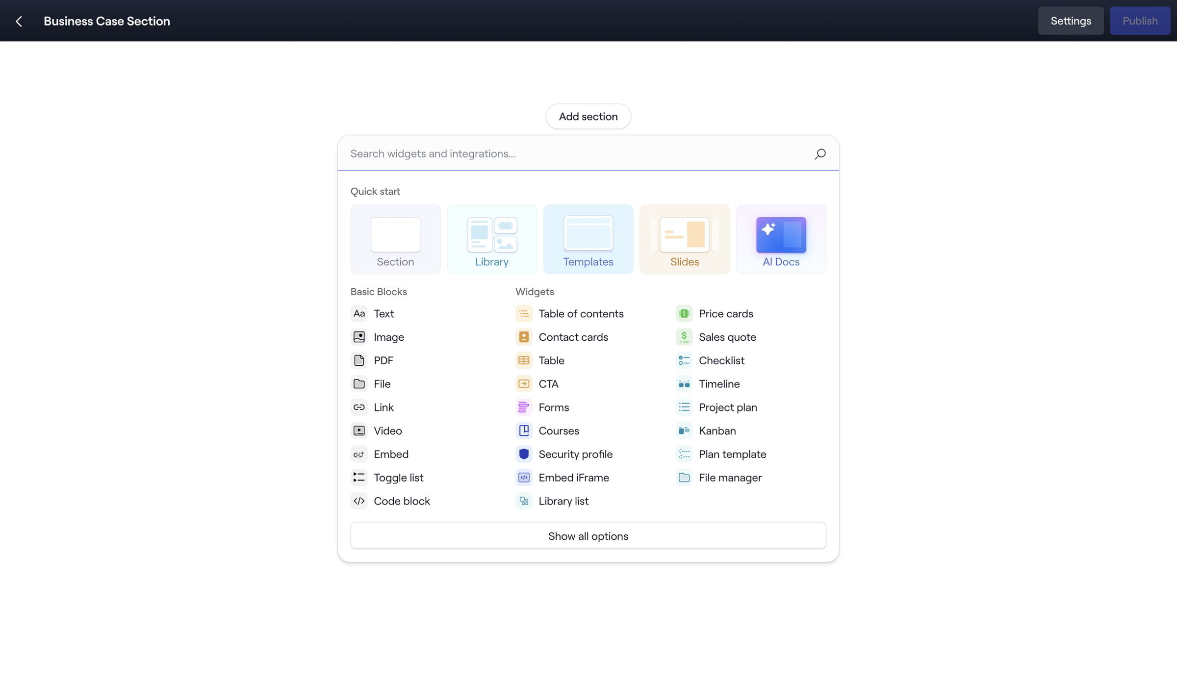 Dock - Editing: Business Case Section screen