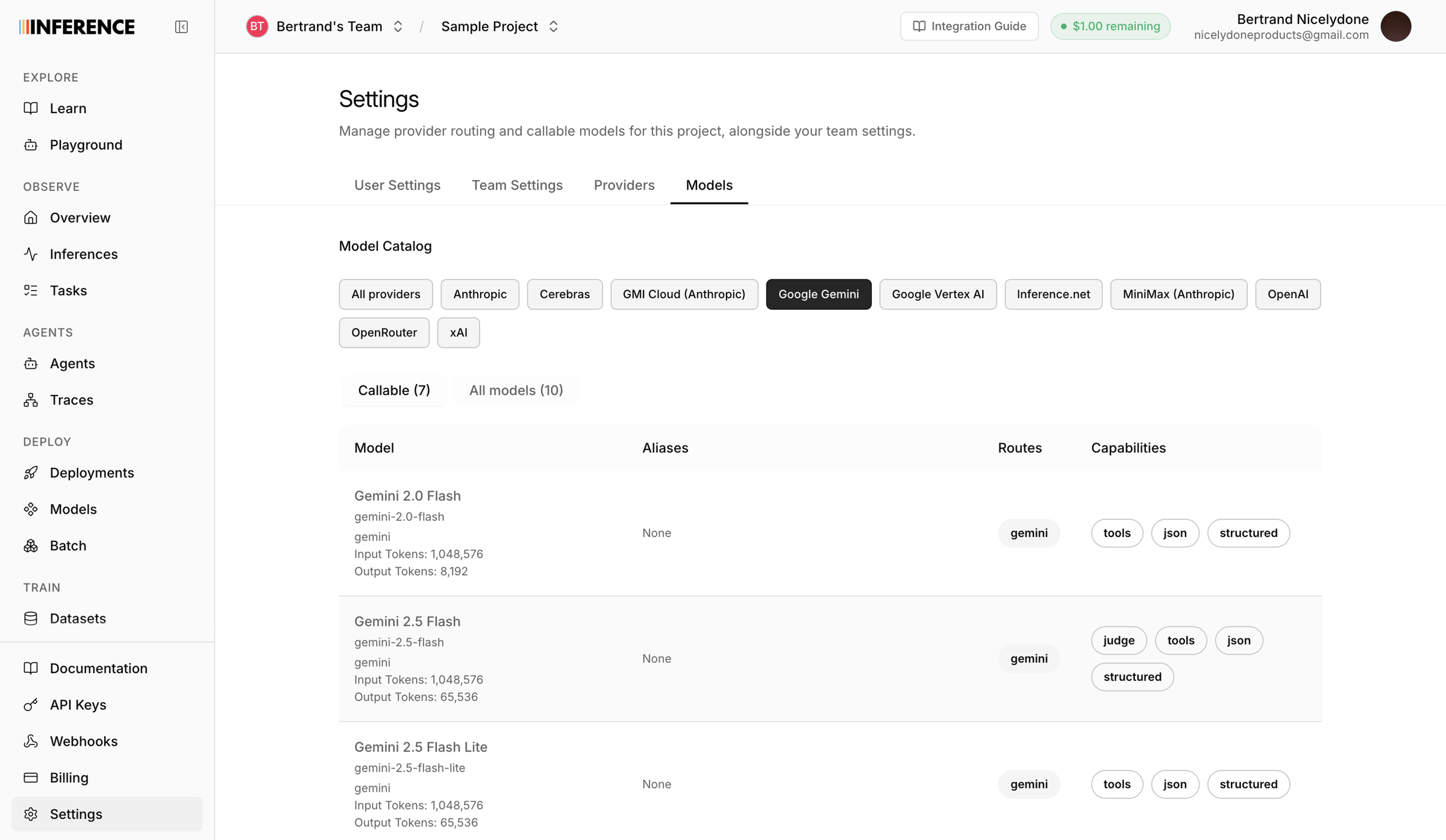 Inference - Settings | inference.net screen