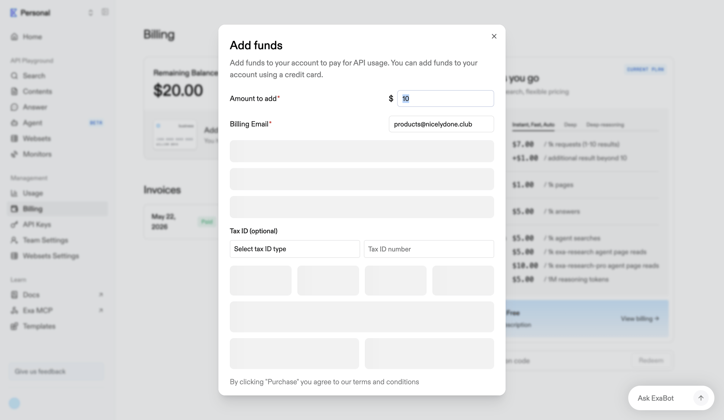 Exa - Billing | Exa API screen