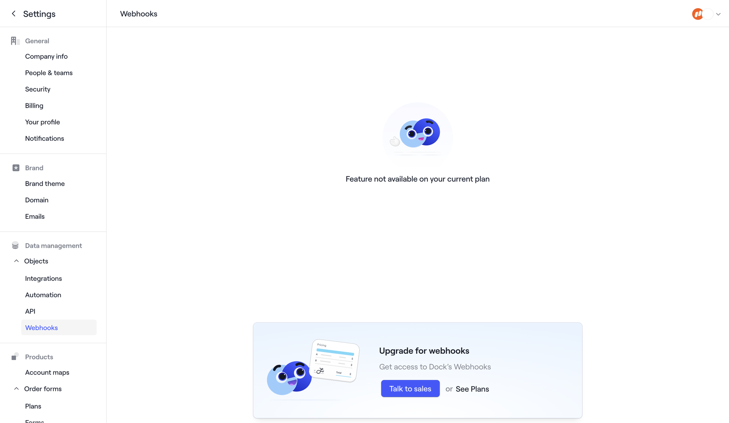 Dock - Settings · Webhooks screen