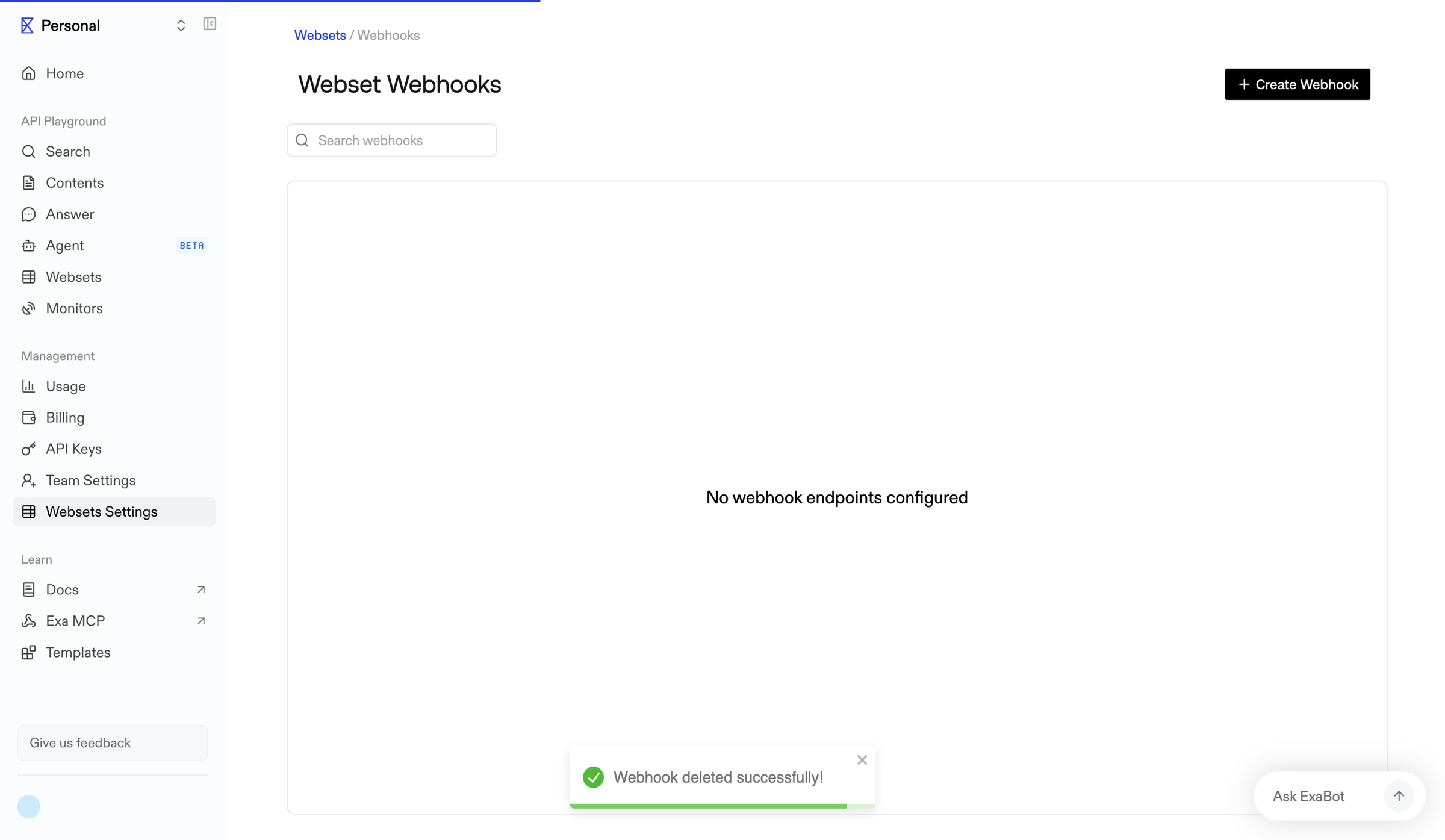 Exa - Webset Webhooks screen