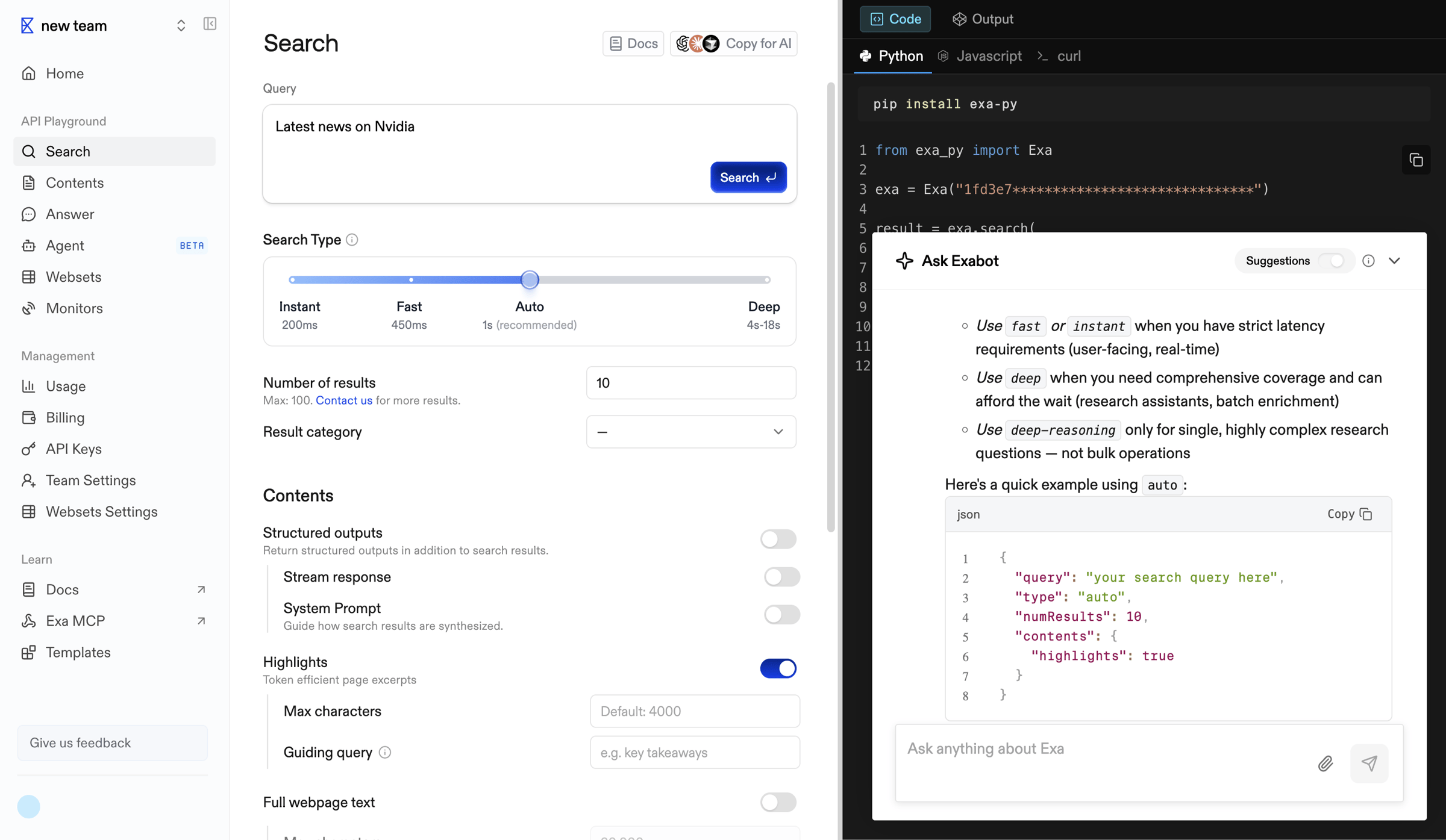 Exa - Playground | Exa API screen