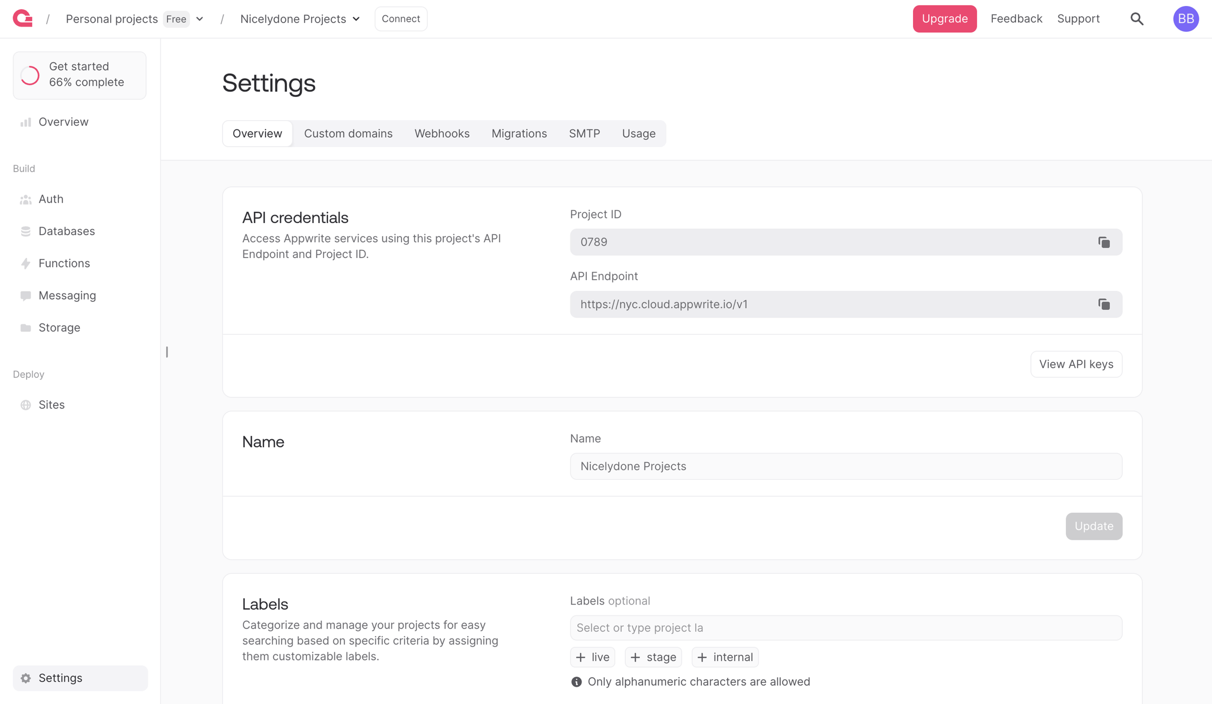 Appwrite - Settings - Appwrite screen