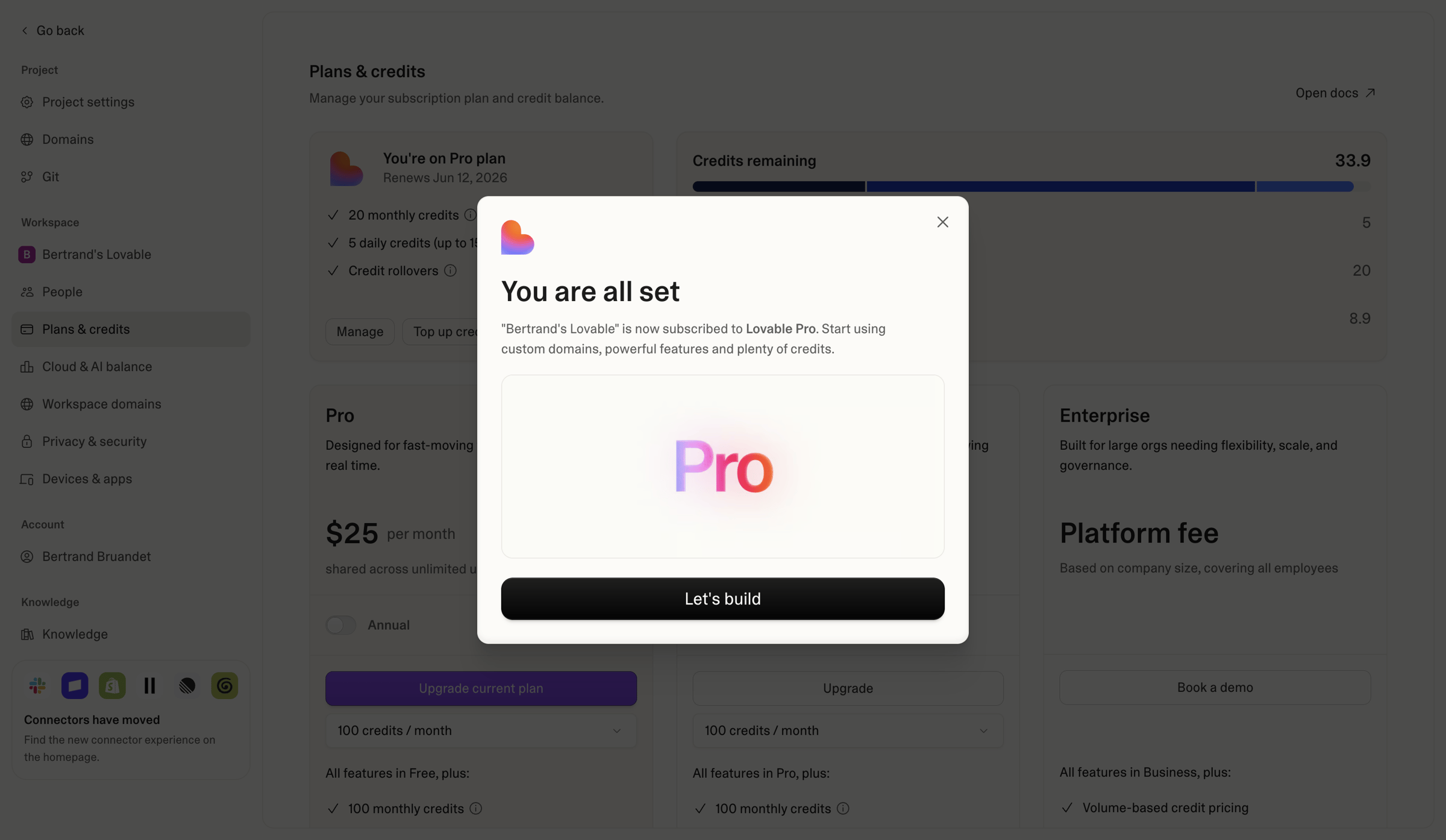 Lovable - Project settings - Lovable screen
