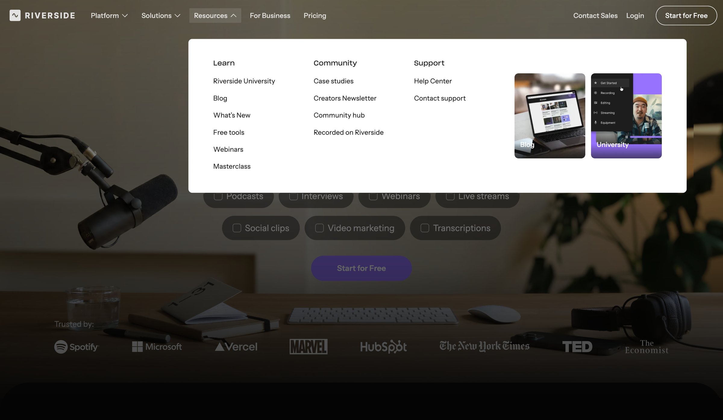 Riverside - Riverside: HD Podcast & Video Software | Free Recording & Editing - hover: Resources screen