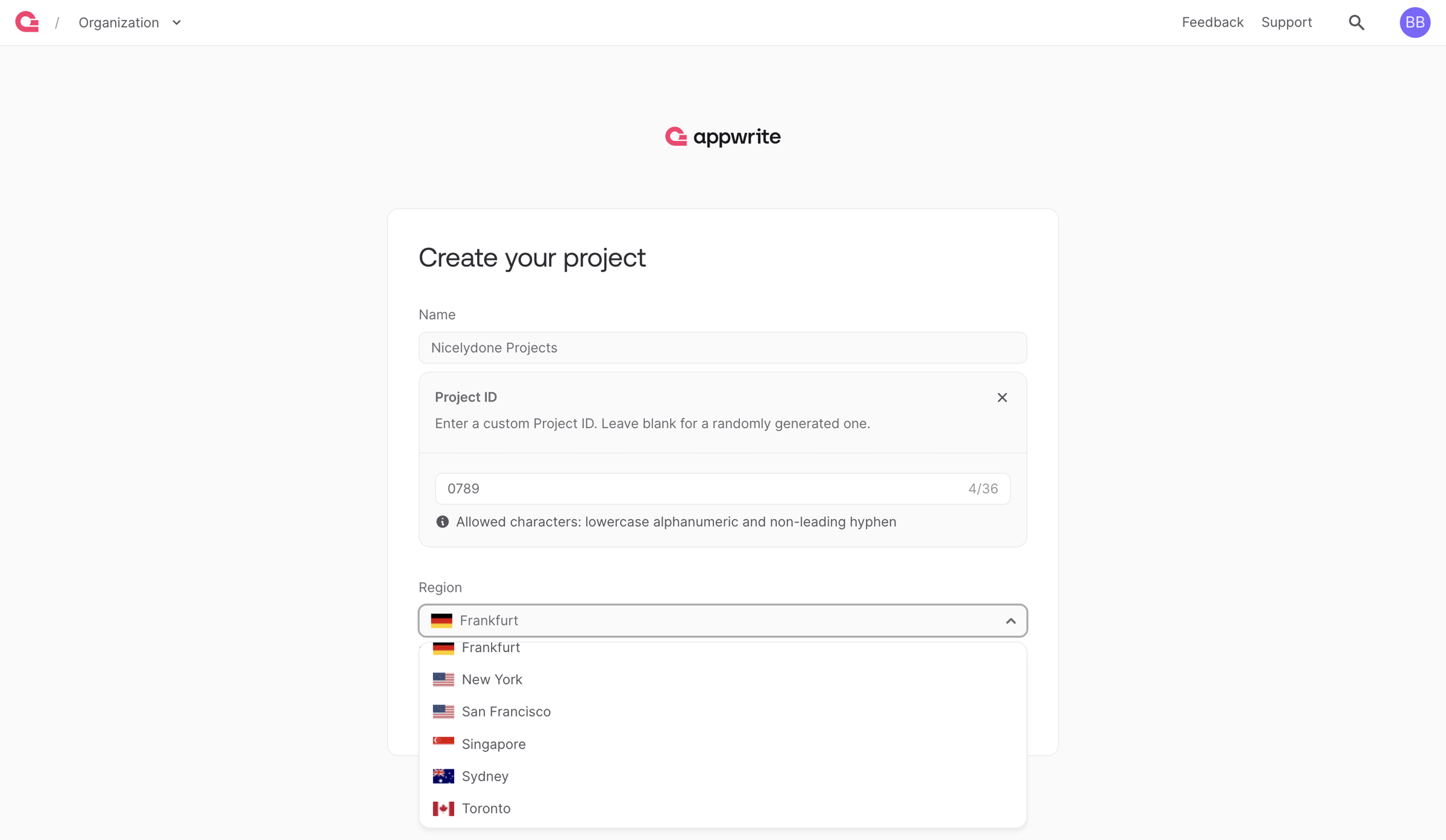 Appwrite - Create project - Appwrite screen