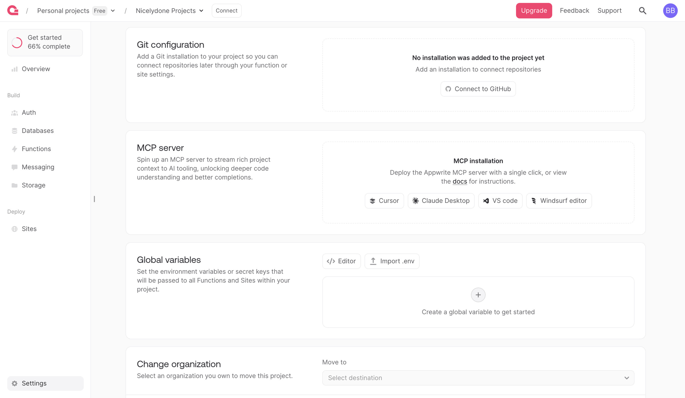 Appwrite - Settings - Appwrite screen