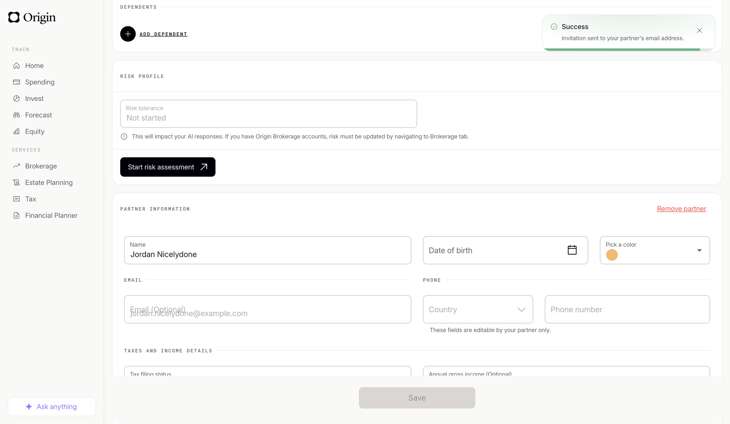 Origin Financial screen