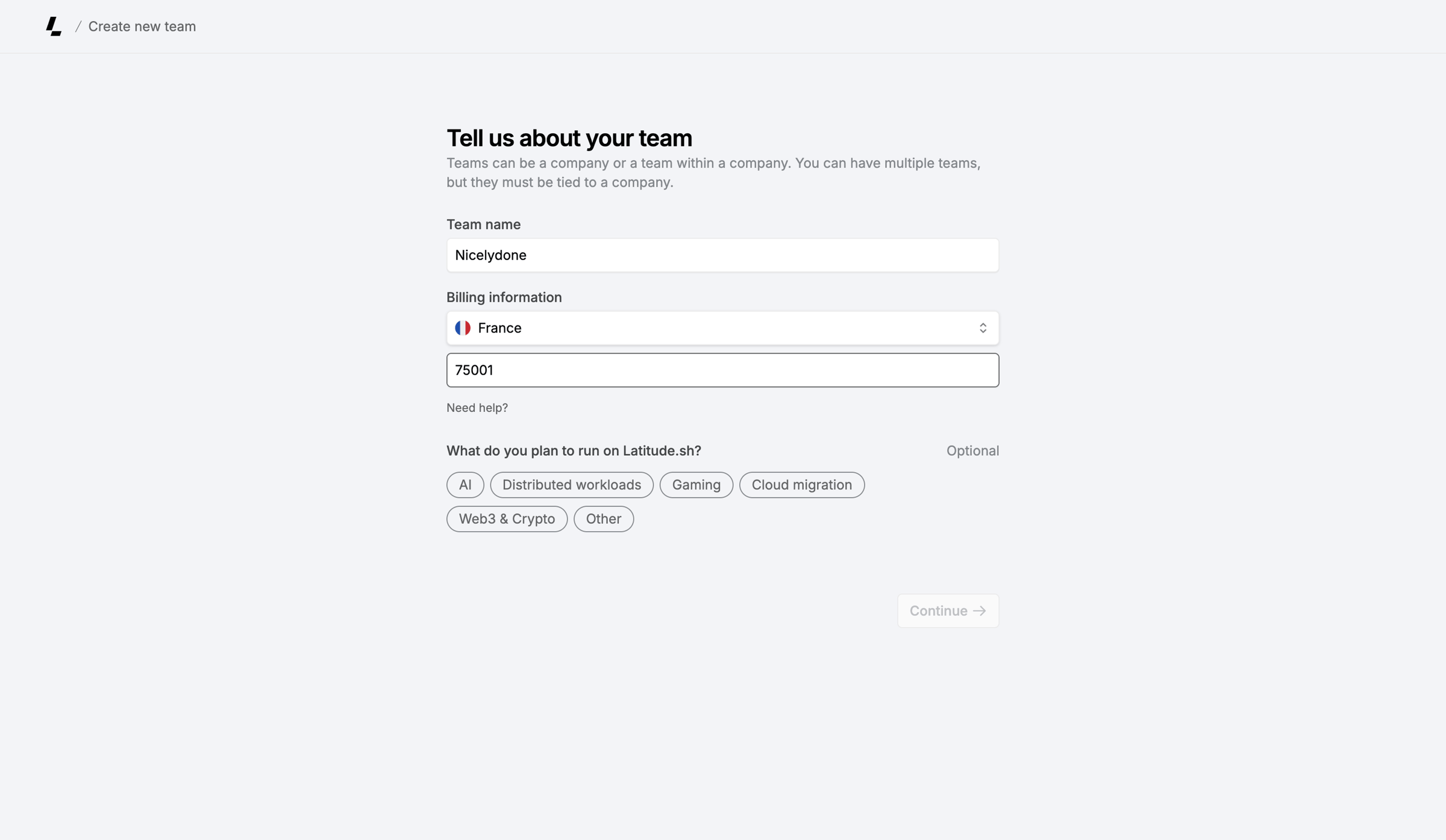 Latitude.sh - Create Team – Dashboard - Latitude.sh screen