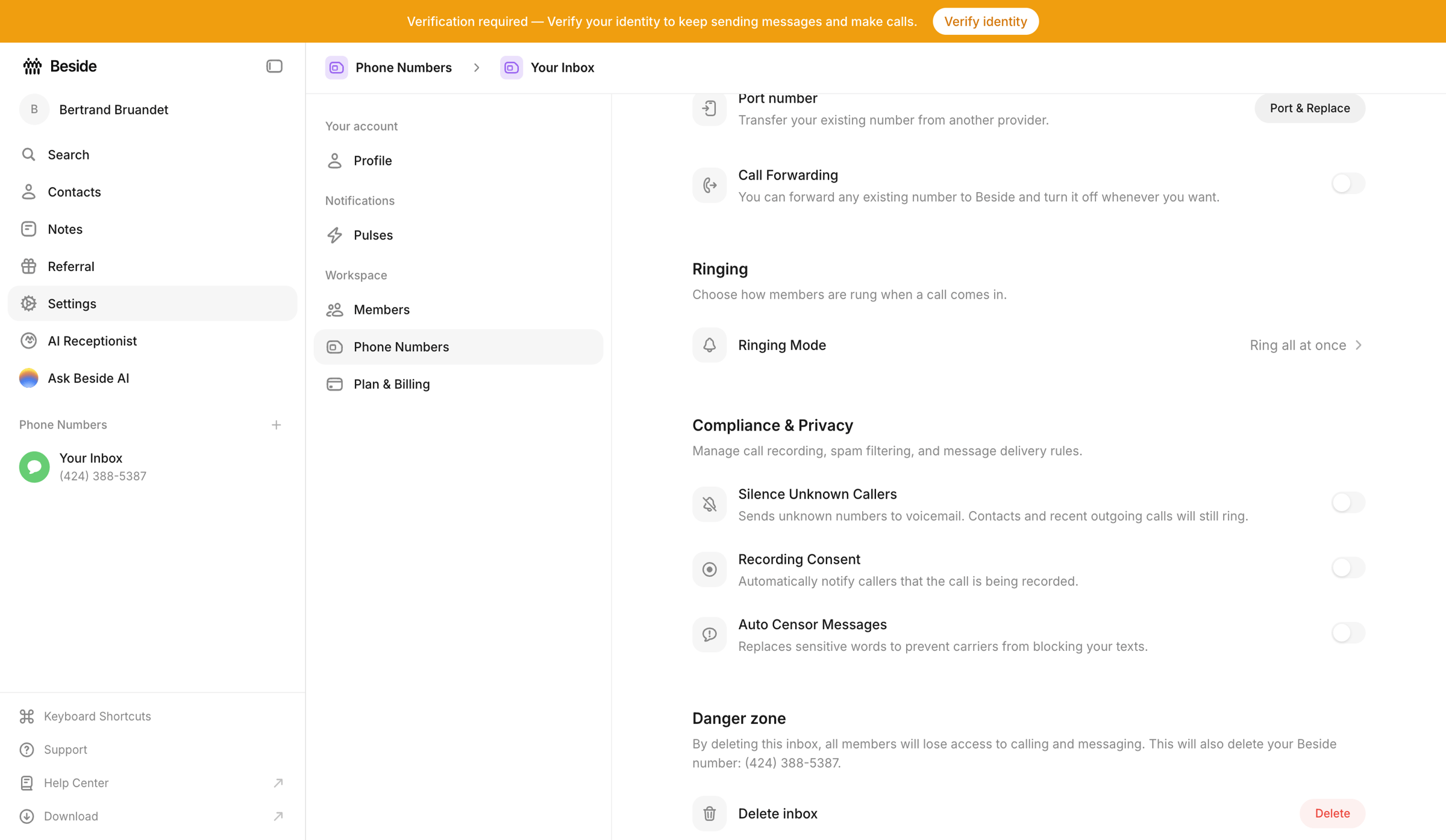 Beside - Phone Numbers - Settings - Beside screen