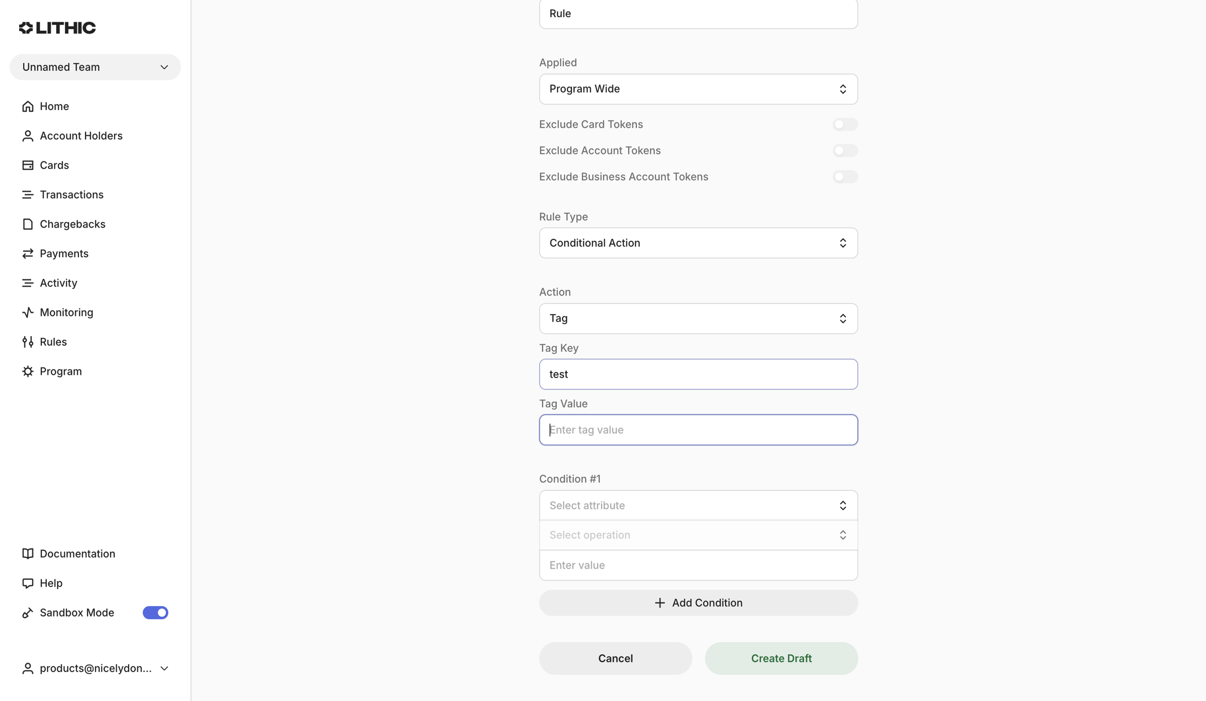 Lithic - Lithic - Create Monitoring Rule screen
