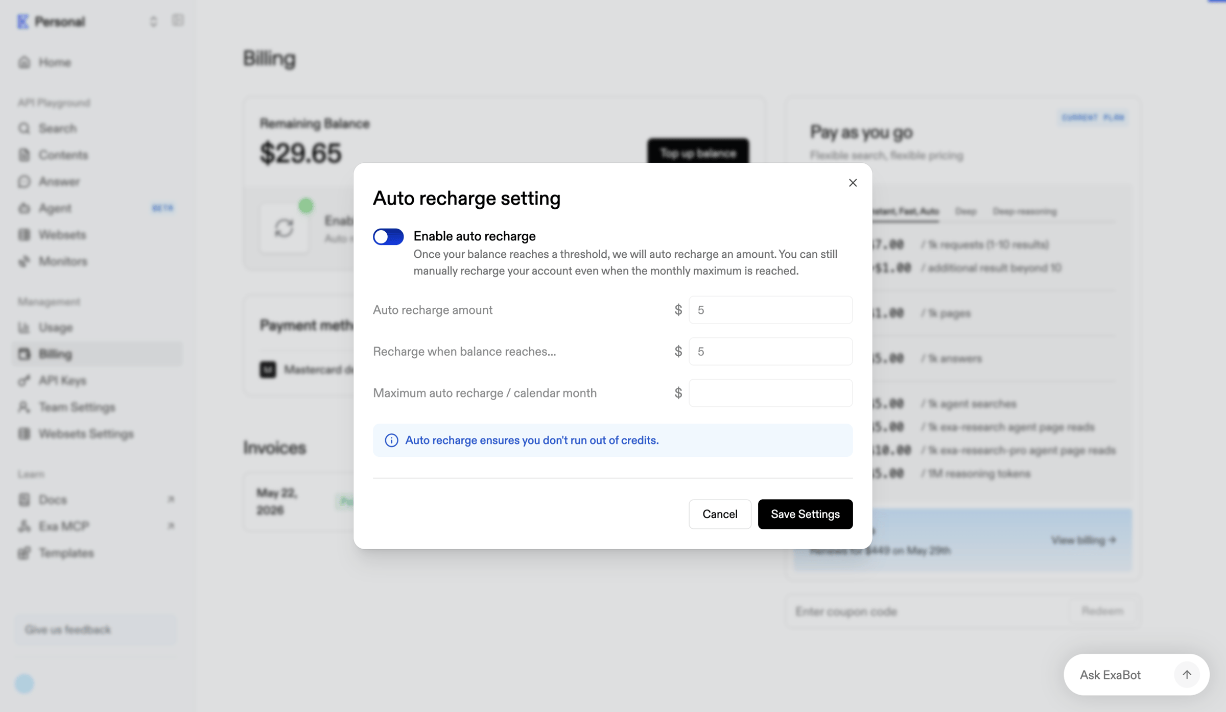 Exa - Billing | Exa API screen