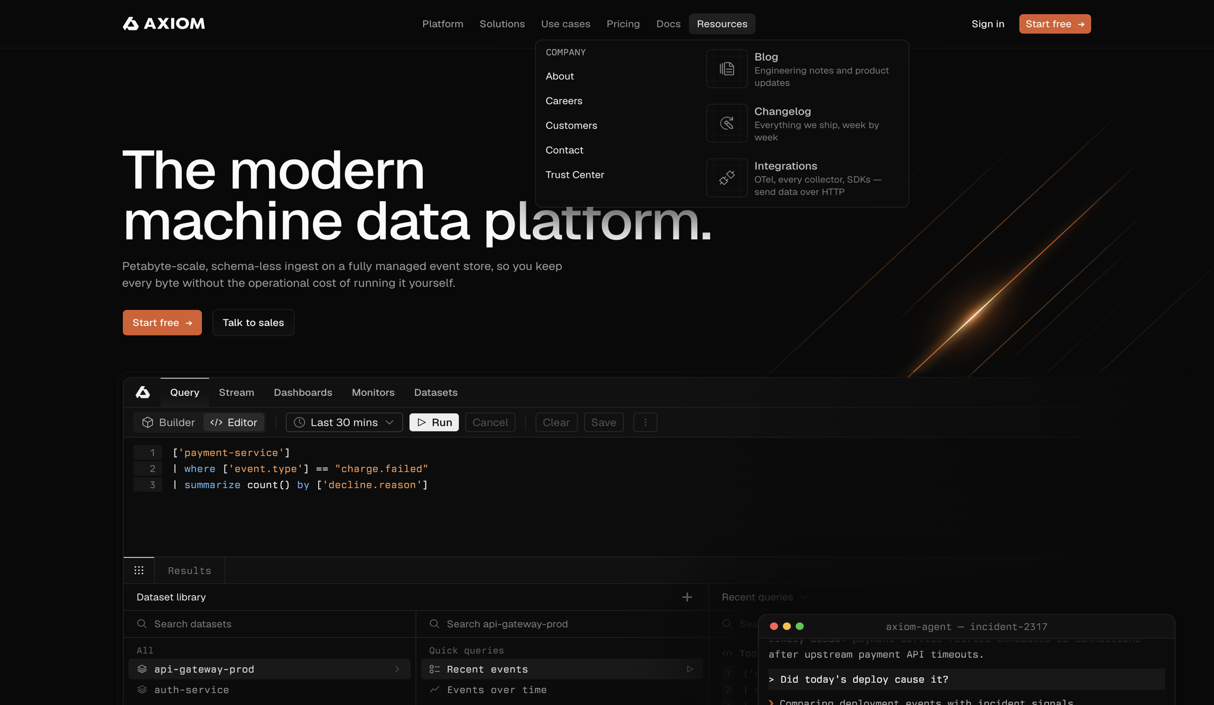 Axiom - Axiom - The modern machine data platform - hover: Resources screen