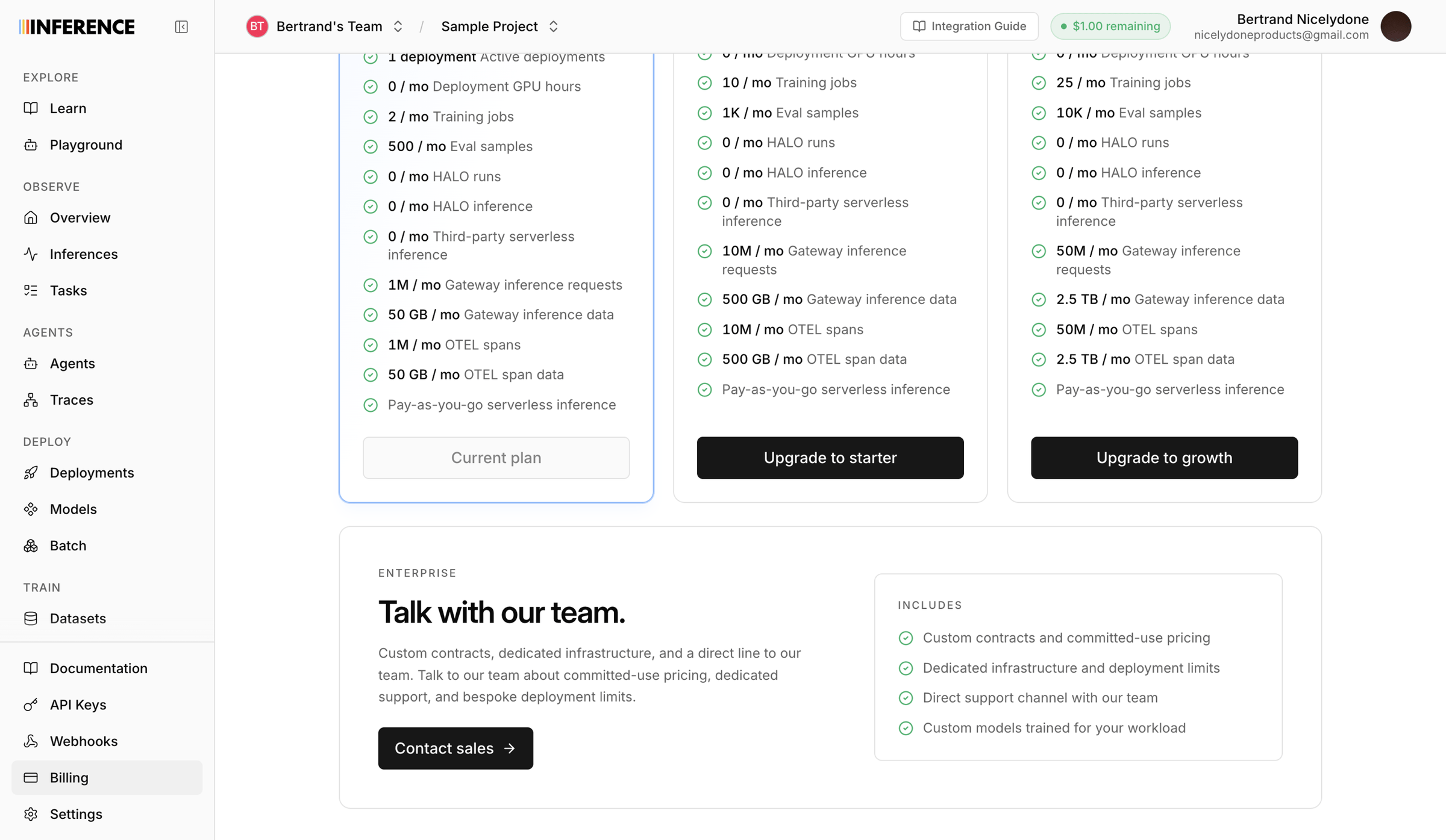Inference - Dashboard | inference.net screen