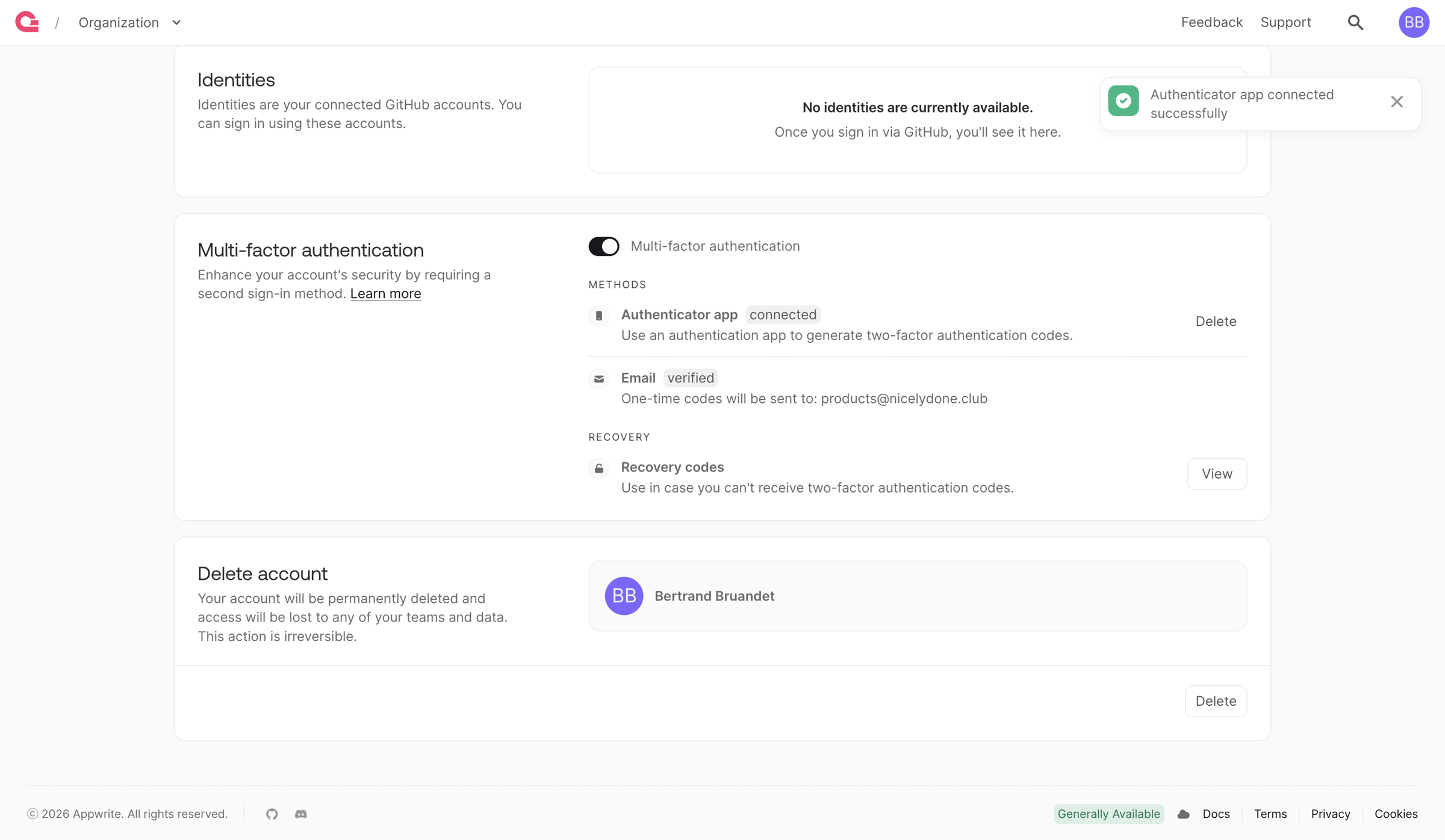 Appwrite - User - Appwrite screen