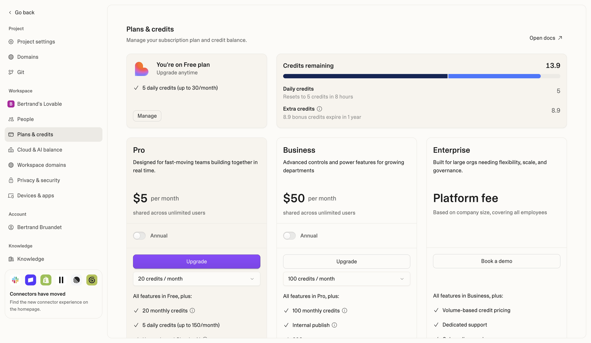 Lovable - Project settings - Lovable screen