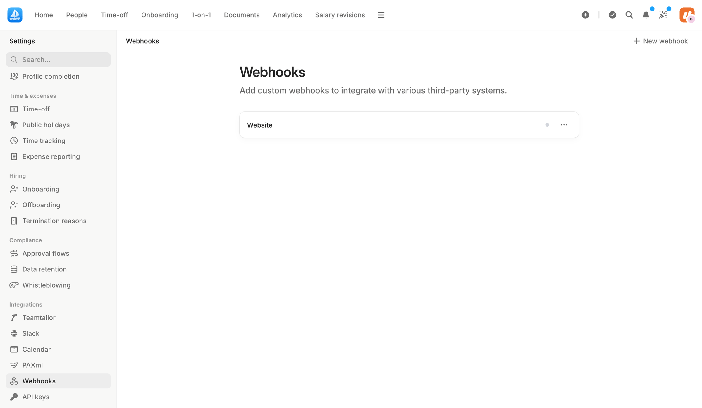 Aboard - Webhooks | Settings | Aboard screen