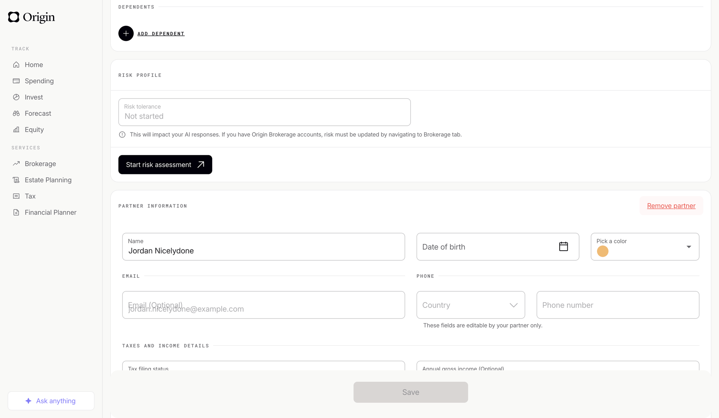 Origin Financial screen