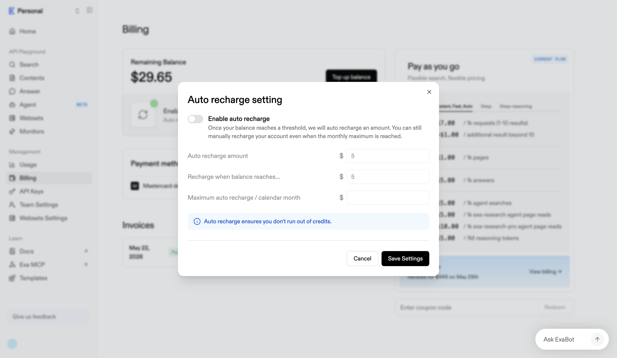 Exa - Billing | Exa API screen