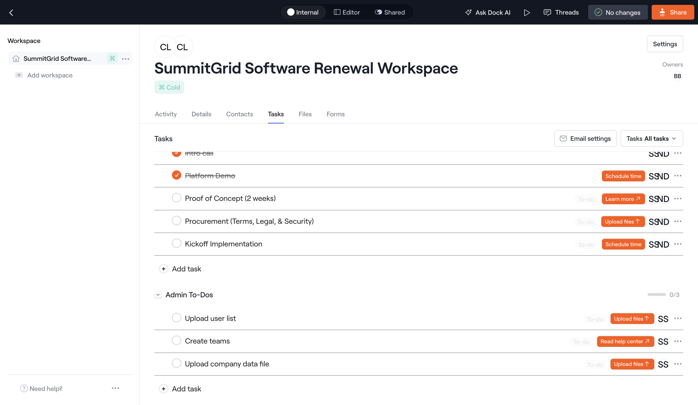 Dock - Internal · SummitGrid Software Renewal Workspace screen