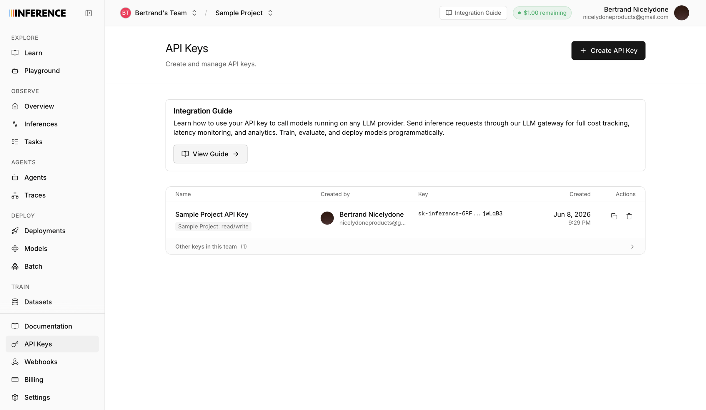 Inference - Dashboard | inference.net screen