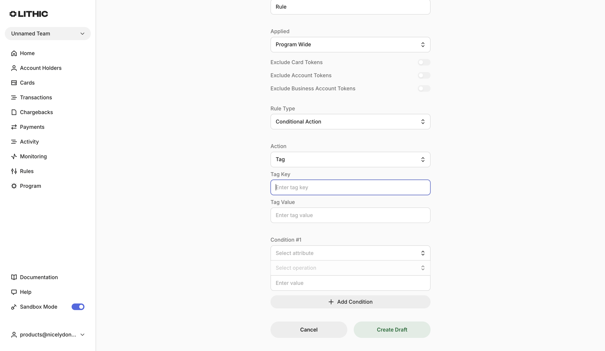 Lithic - Lithic - Create Monitoring Rule screen