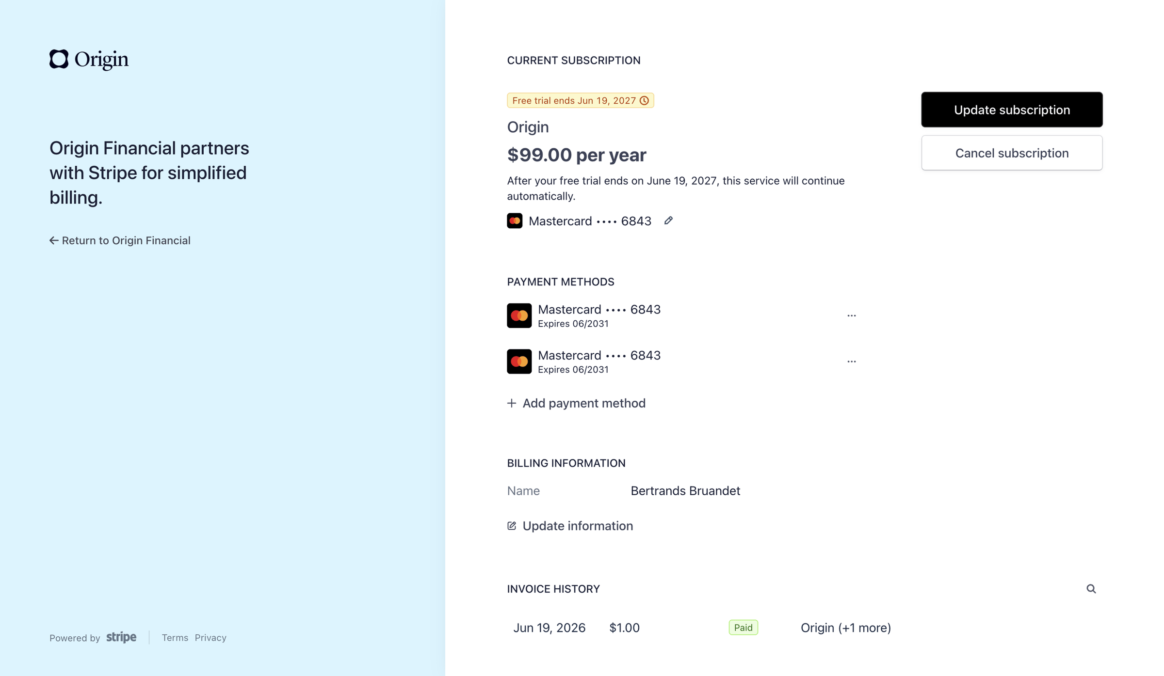Origin Financial - Origin Financial Billing screen