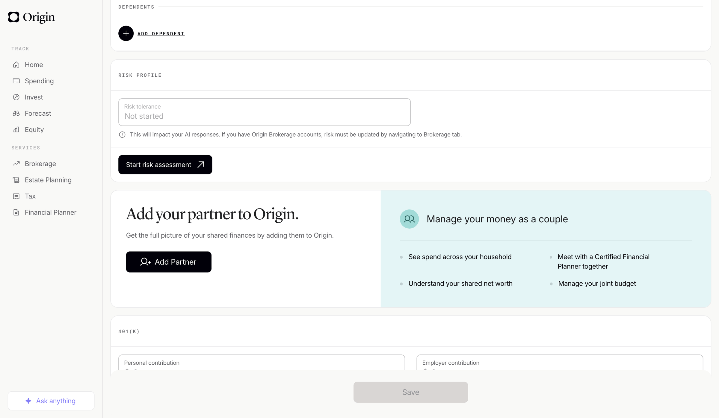 Origin Financial screen