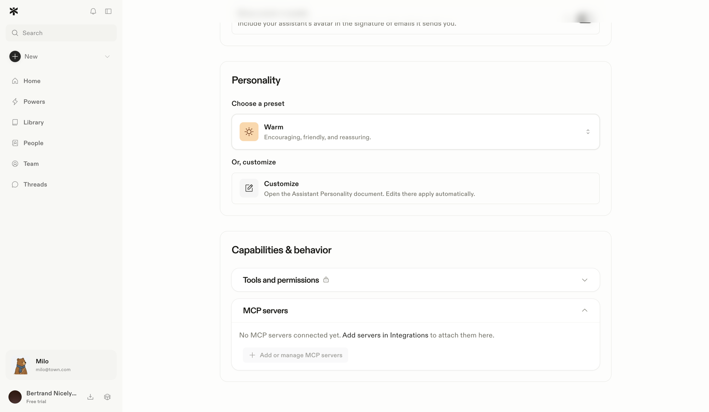 Town - Settings · Assistant screen