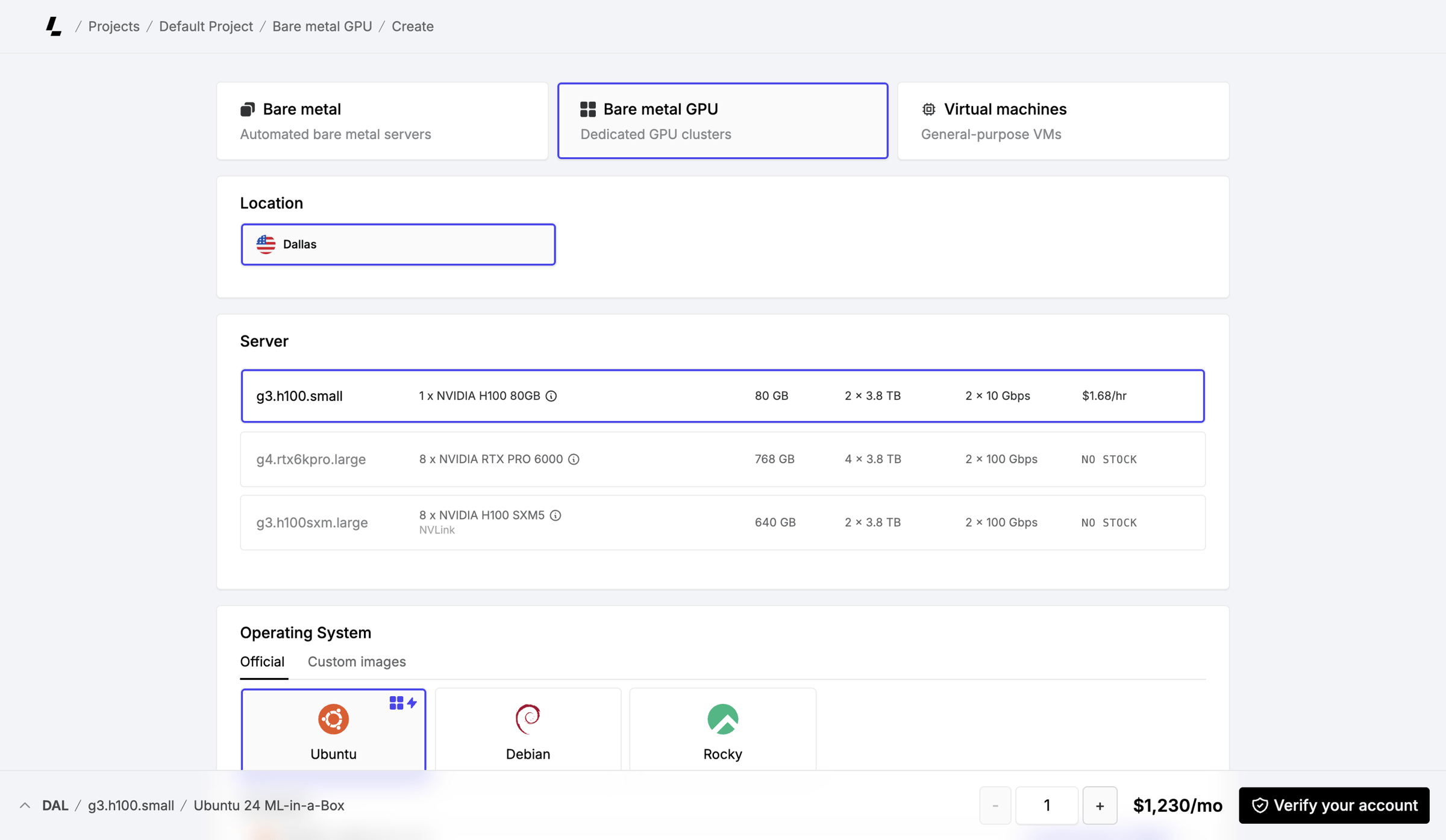 Latitude.sh - Create servers – Dashboard - Latitude.sh screen