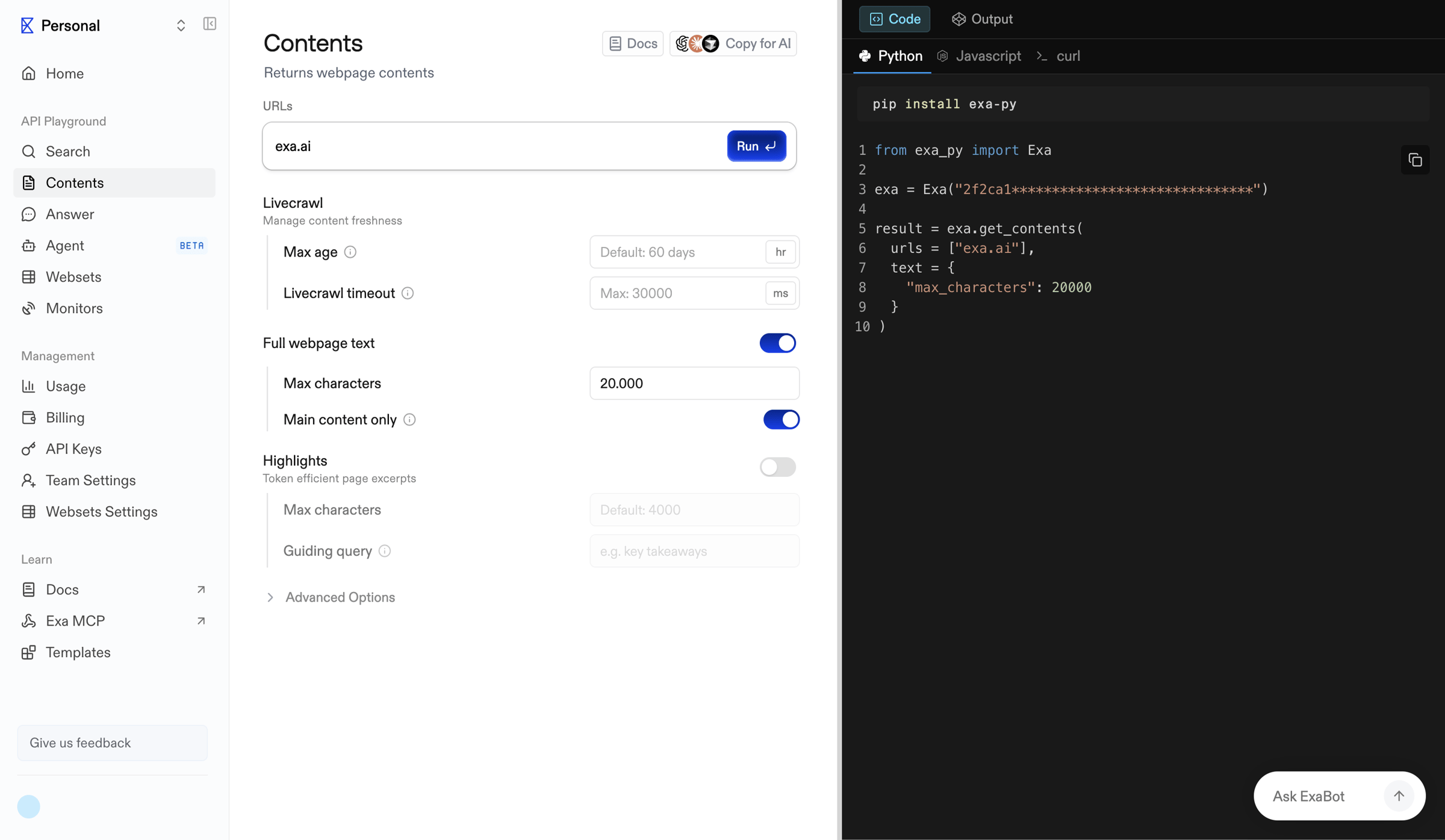 Exa - Playground | Exa API screen
