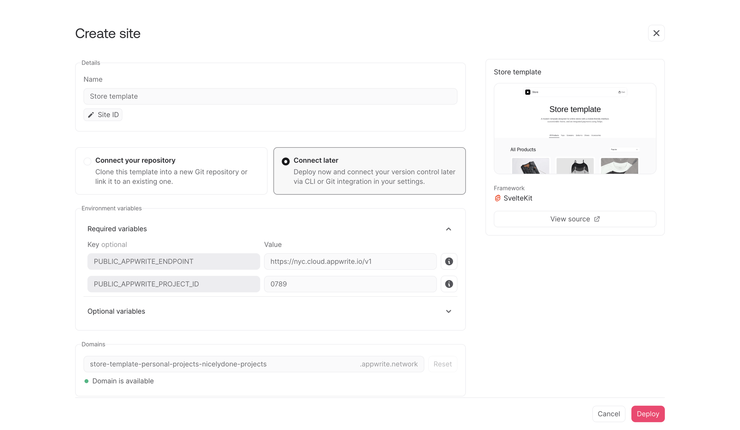 Appwrite - Create site - Appwrite screen