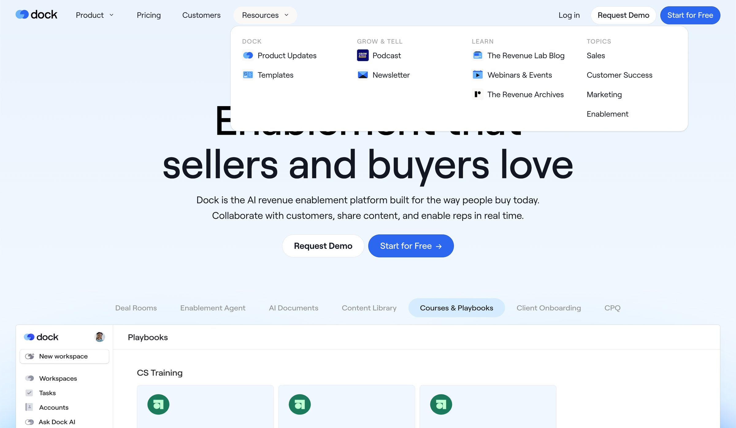 Dock - Dock | AI Revenue Enablement that Sellers & Buyers Love - hover: Customers screen