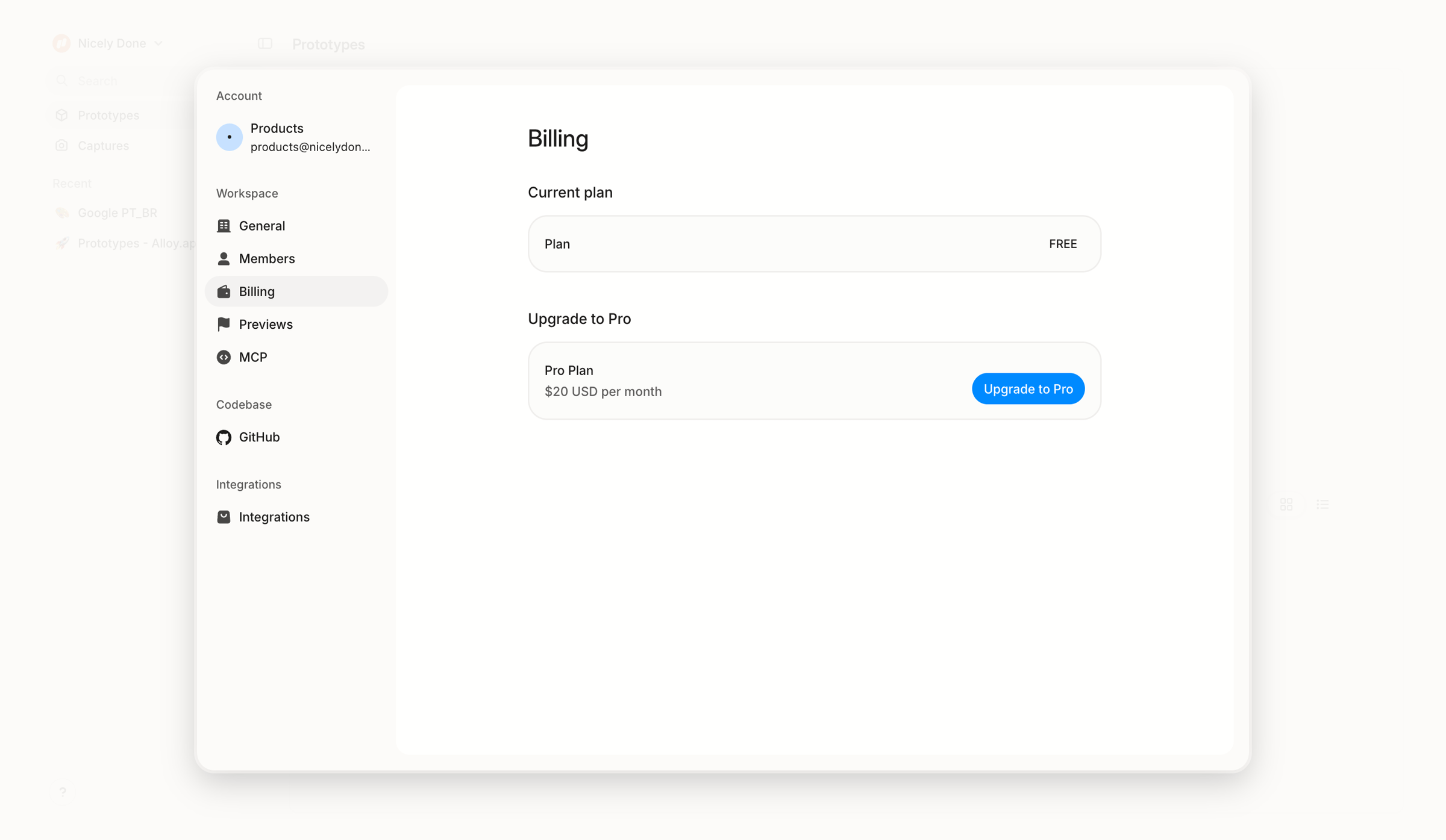 Alloy - Settings » Billing screen