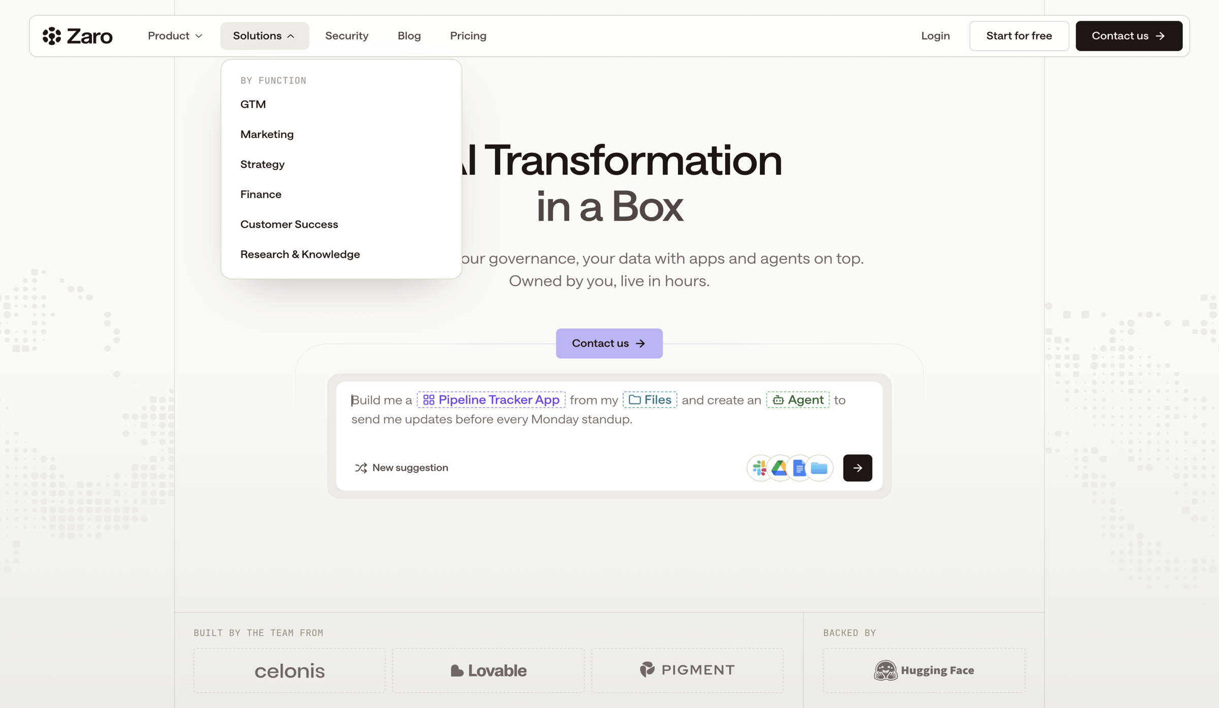 Zaro - Zaro - AI Transformation in a Box - hover: Solutions screen