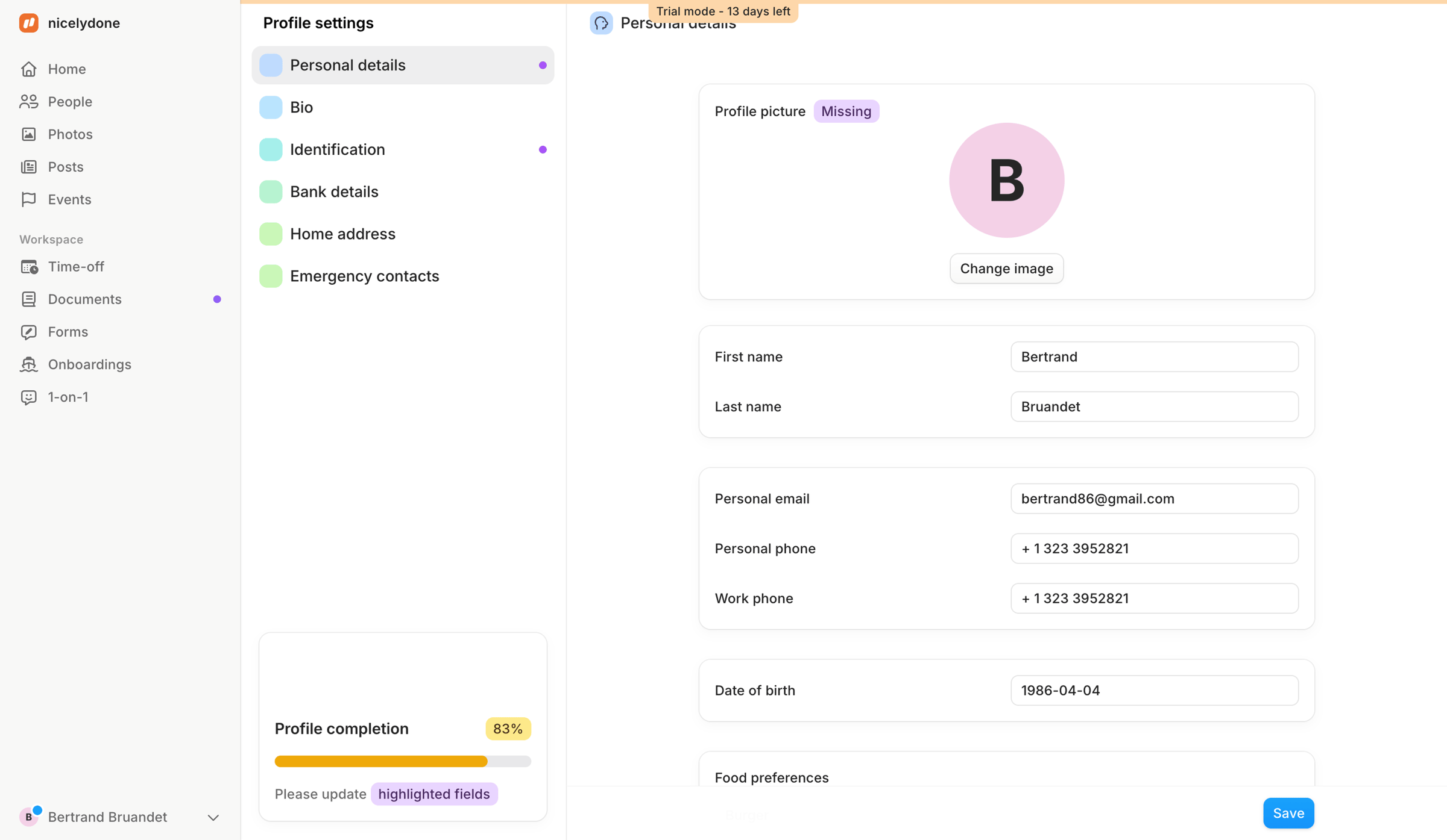 Aboard - Personal details | Profile settings | Aboard screen